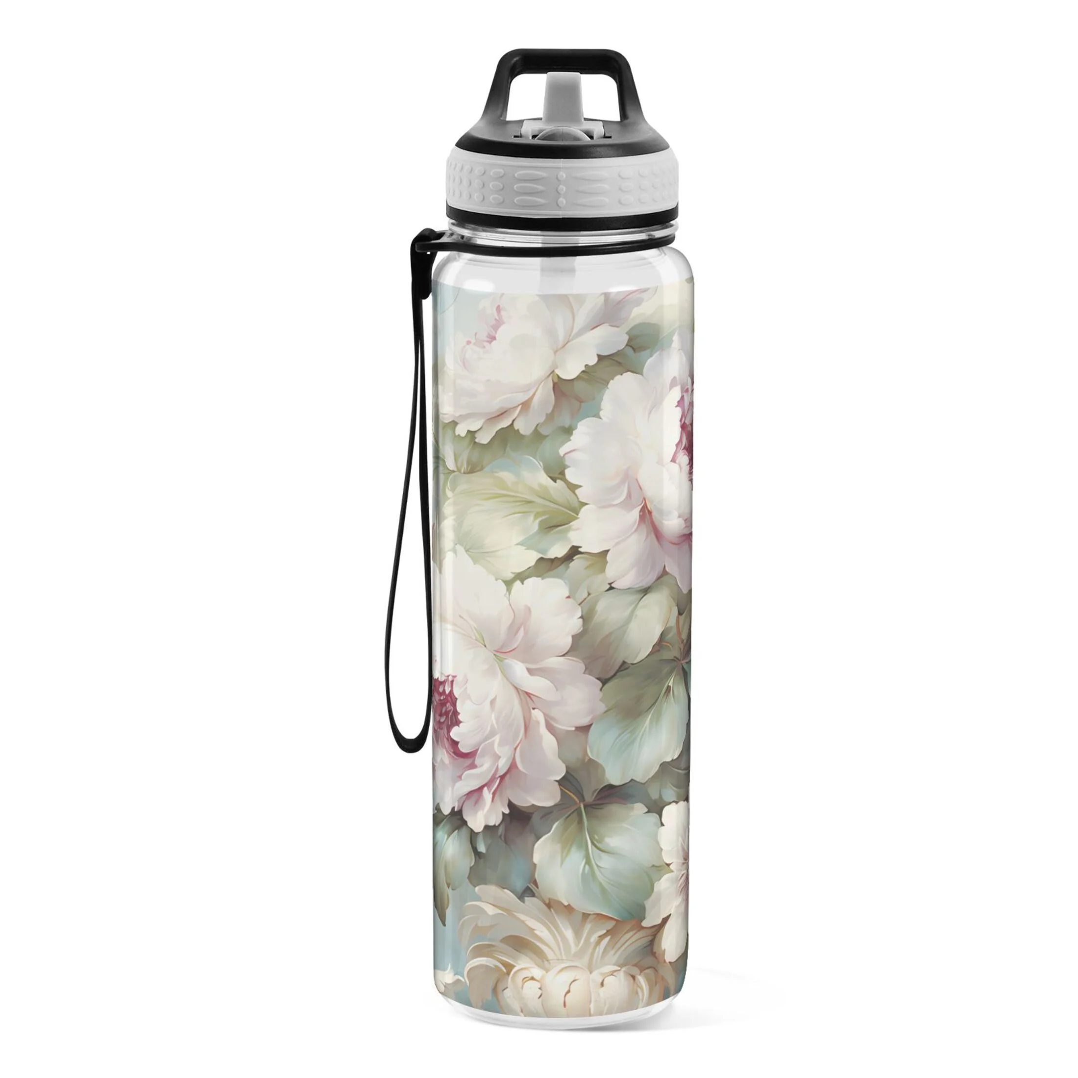 Peony Flowers and Leaves 32oz Water Bottles with Straw Tritan Leakproof Sports Bottle BPA Free Clear for Fitness Gym Swimming Cycling