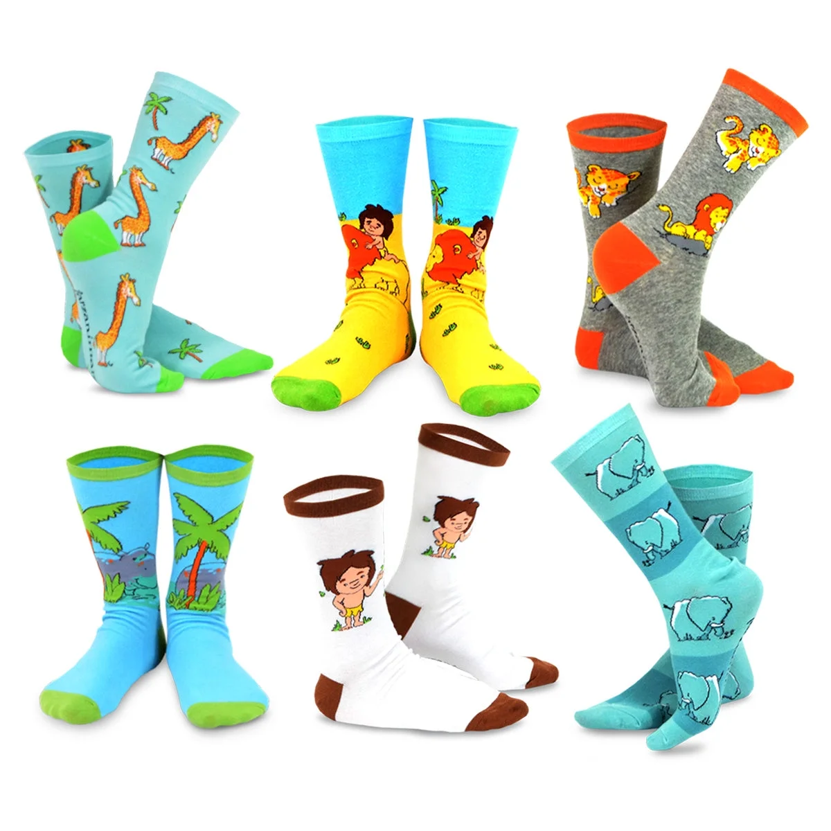 Tarzanimals Fun Silly Cartoon Safari Animal Tarzan and Jane Crew Socks  6- Pair