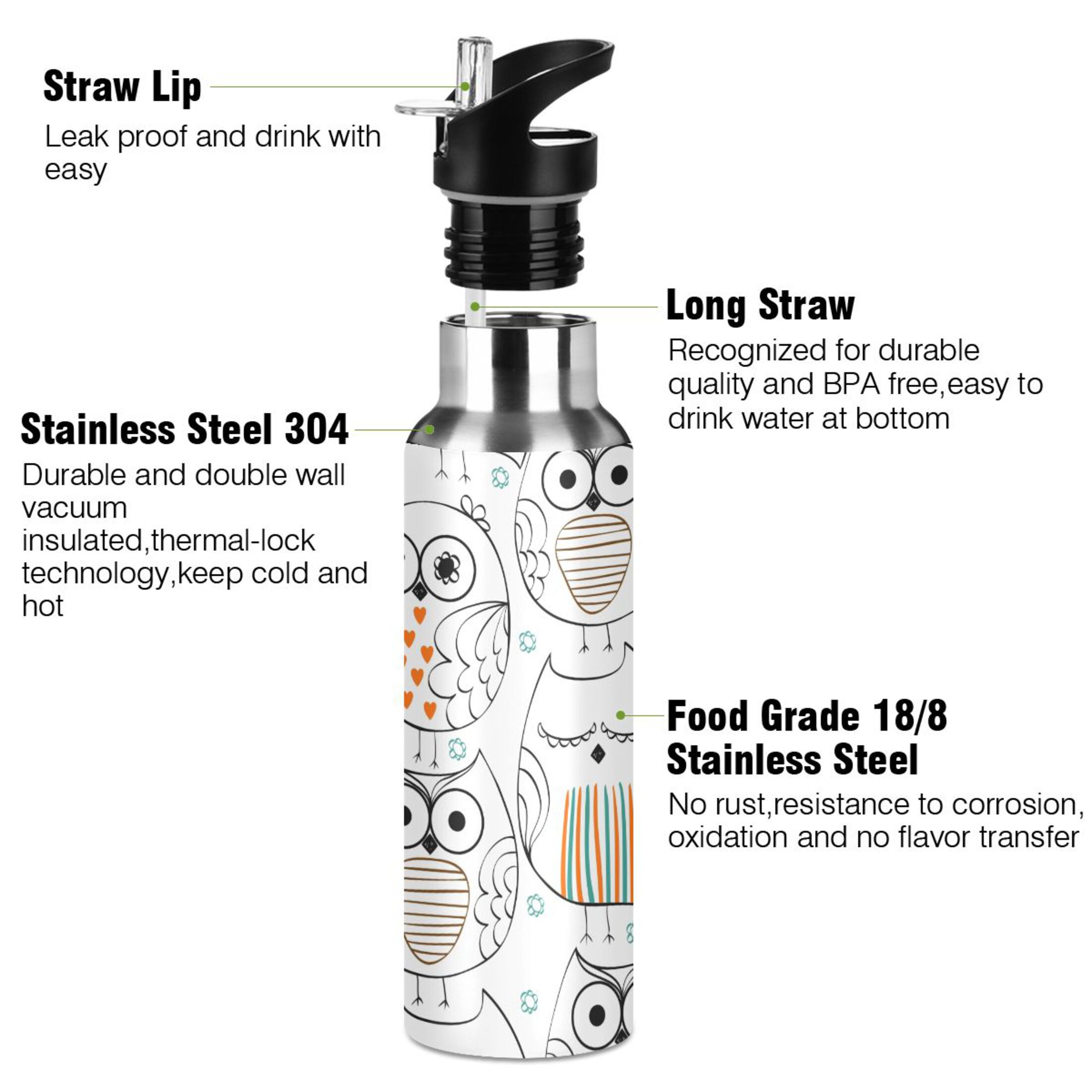 Water Bottle with Straw Lid Leak Cartoon Owls Doodle Stainless Steel Insulated Thermos Vacuum Flask for Cold Hot Drinking for Sports Camping Gym Yoga