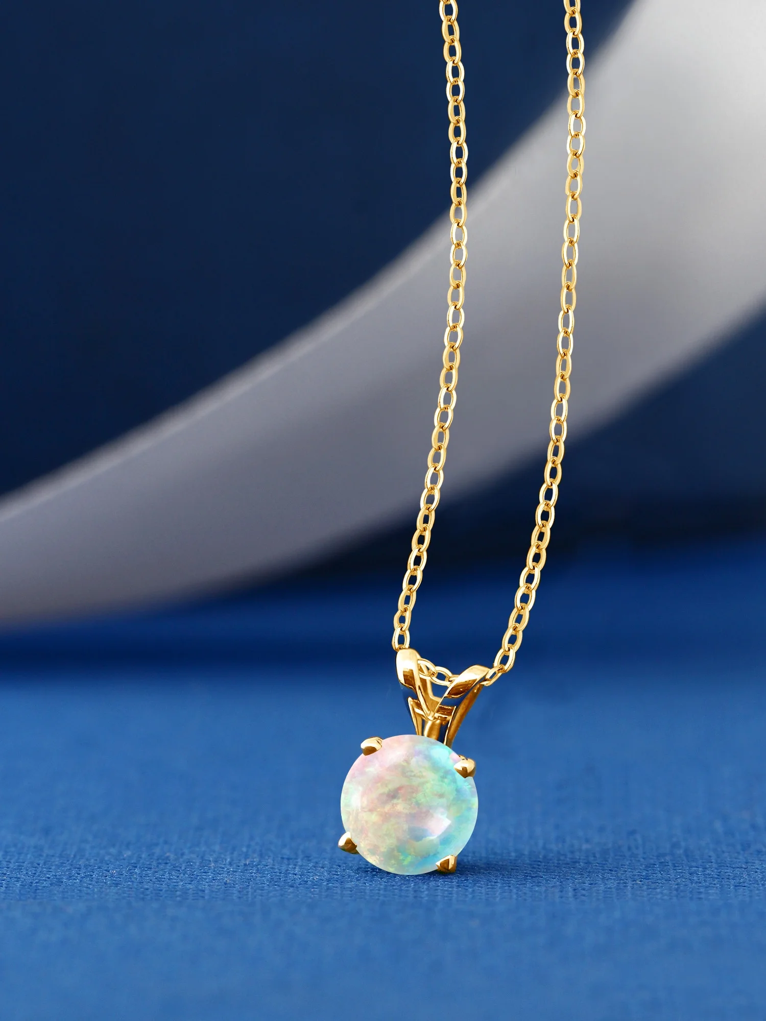 Gem Stone King 18K Yellow Gold Plated Silver White Opal Pendant Necklace For Women (1.00 Cttw, Gemstone October Birthstone, Round Cabochon 6MM, With 18 inch Silver Chain)