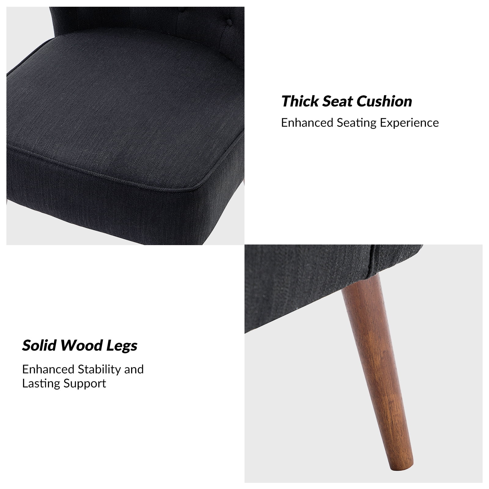 Modern Accent Dining Chair Wood Legs Upholstered Tufted Armless Vanity Slipper Side Chair Living Bedroom Home Kitchen Black