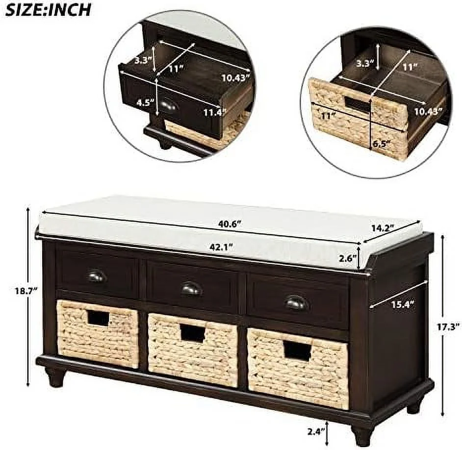 NLIBOOMLife Wood entryway Bench with    Bench with Removable Cushion  Rustic  Bench with 3 Drawers and 3 Rattan Baskets  Bedroom Entrance Bench  Living Room  Hallway  Ivory White