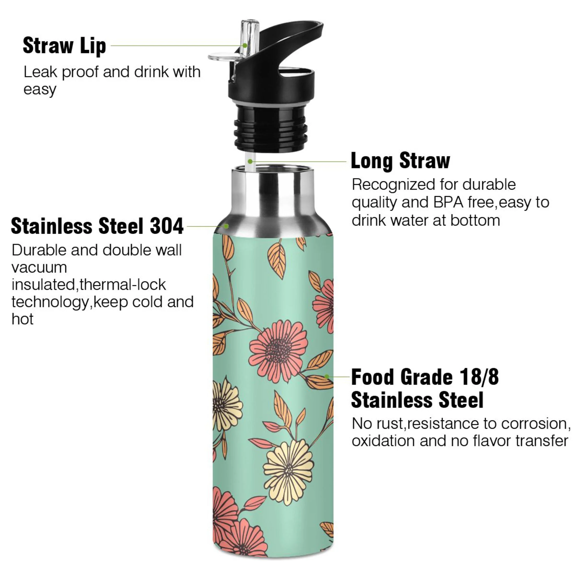 Retro Sunflowers Water Bottles Insulated Thermos Kids Stainless Steel Bottle with Straw Lid Flask Leakproof for Sports Gym 20 oz