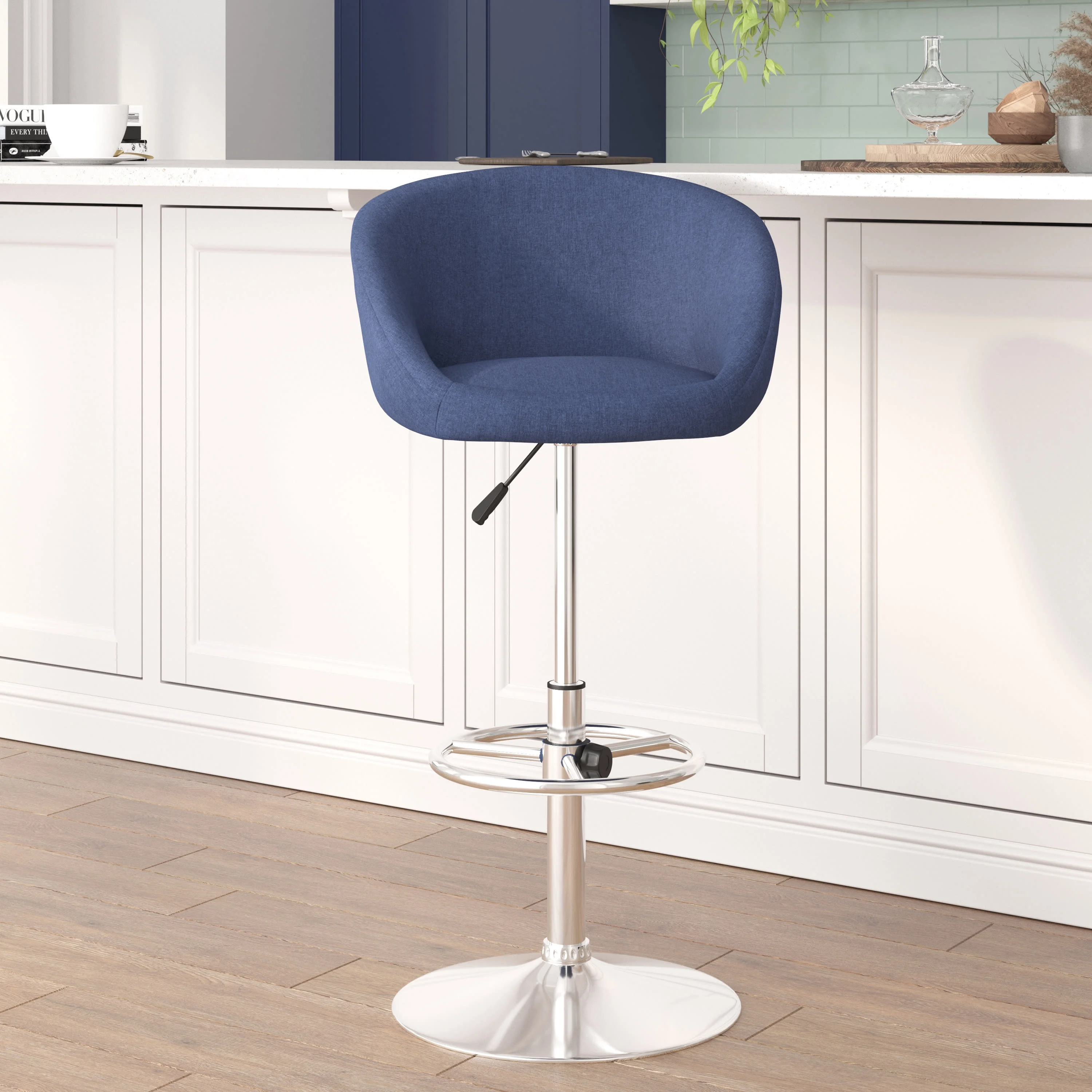 Flash Furniture Luis Contemporary Blue Fabric Adjustable Height Barstool with Barrel Back and Chrome Base