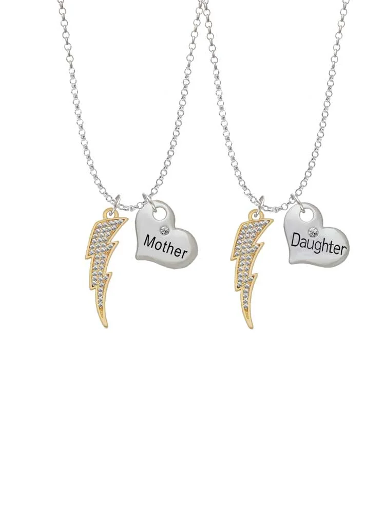 Delight Jewelry Goldtone Large Clear Crystal Lightning Bolt Mother & Daughter Heart Necklaces (Set of 2), 19
