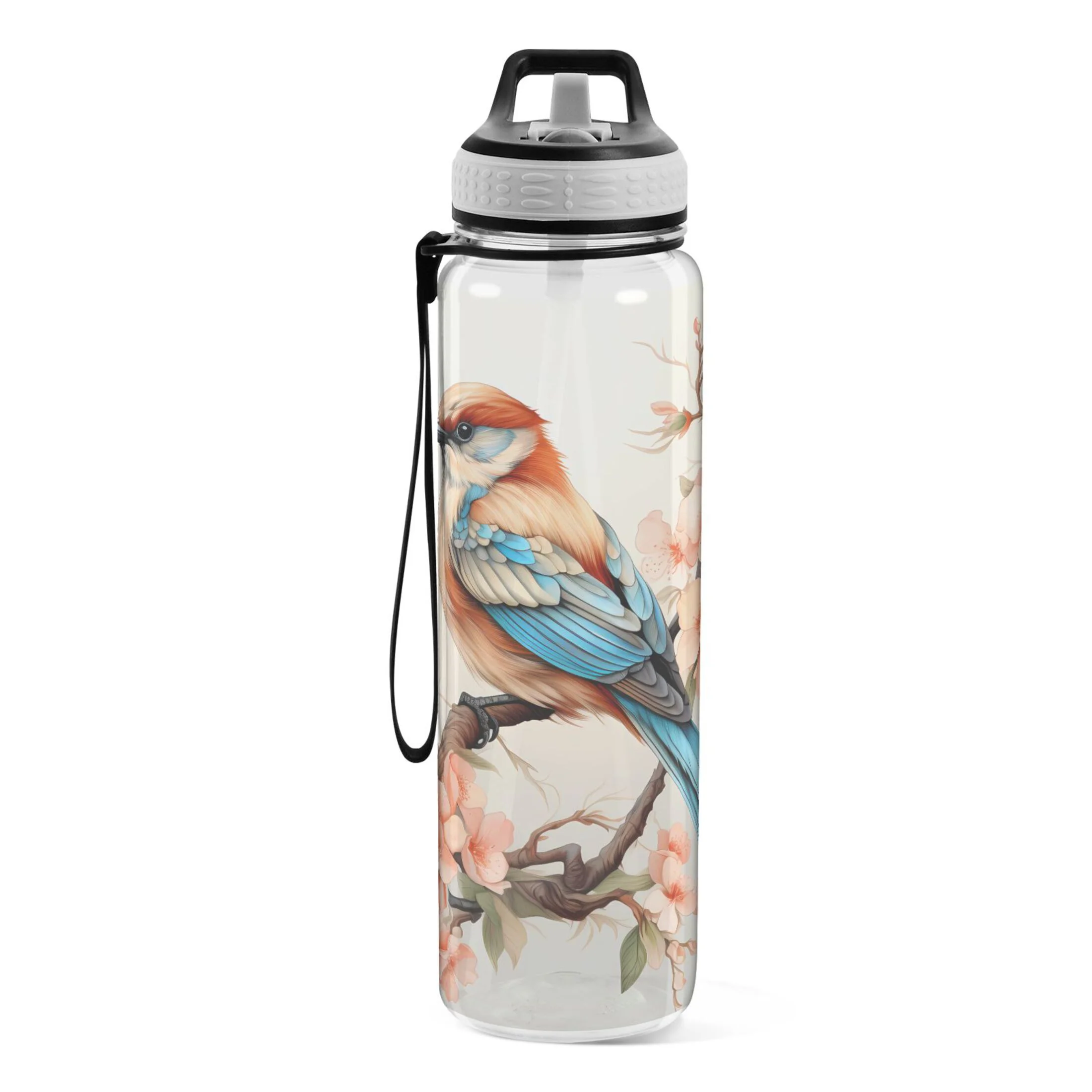 Bird on Floral 32oz Sports Water Bottles Leakproof Tritan Bottle with Straw BPA Free Clear Bottle for Fitness Gym Outdoor Cycling