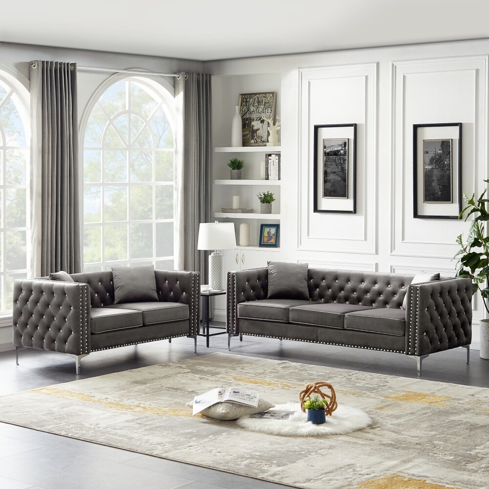 Modern 2 Piece Living Room Set with Sofa and Loveseat Grey
