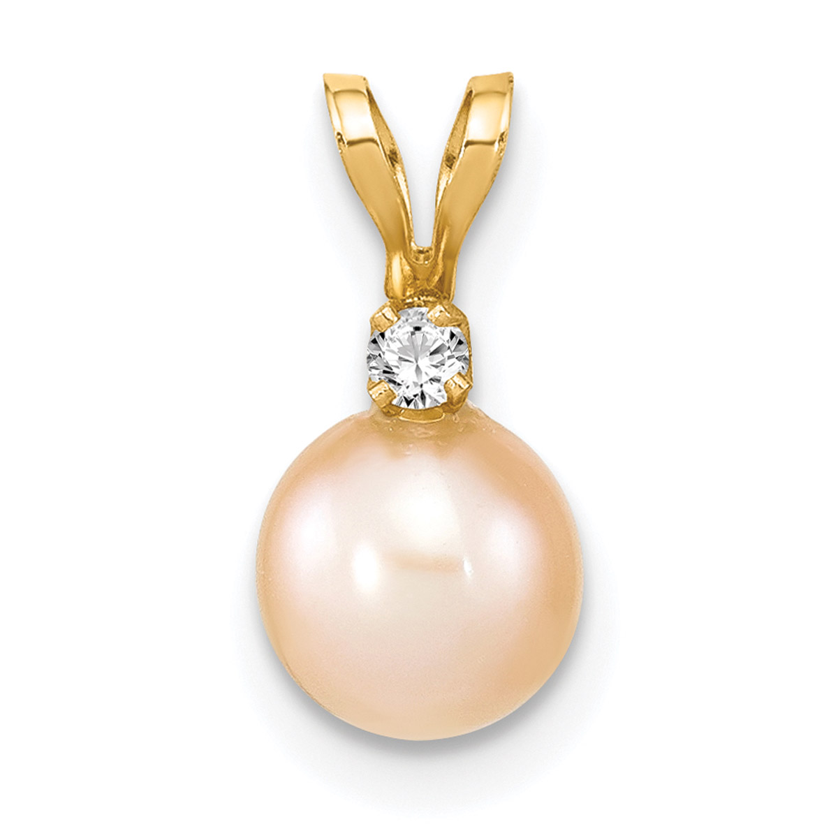 Carat in Karats 14K Yellow Gold 6-7mm Round Pink Freshwater Cultured Pearl Diamond Pendant Charm (6.5mm) With 14K Yellow Gold Lightweight Rope Chain Necklace 18''