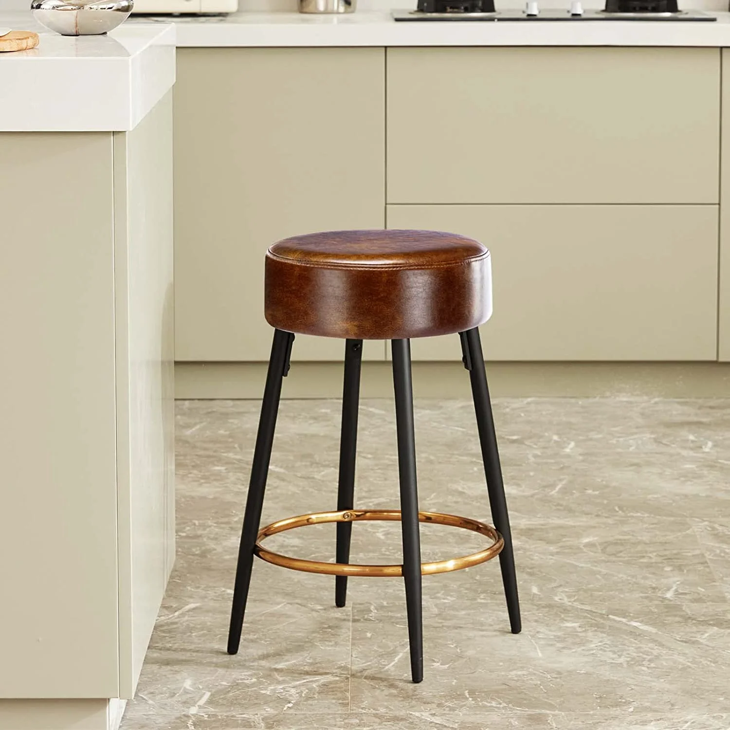 Duhome Modern Counter Stools Set of 2, Faux Leather Counter Height Bar Stools for Kitchen Island Backless, Brown