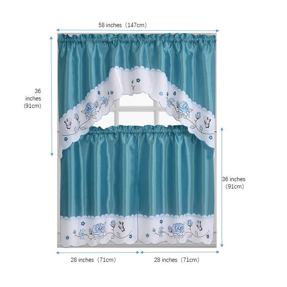 Flower Embroidered 3-Piece Kitchen Curtain Tiers & Swag Set, Turqoise color, 58x36 & 28x36 inches for daily life and holiday