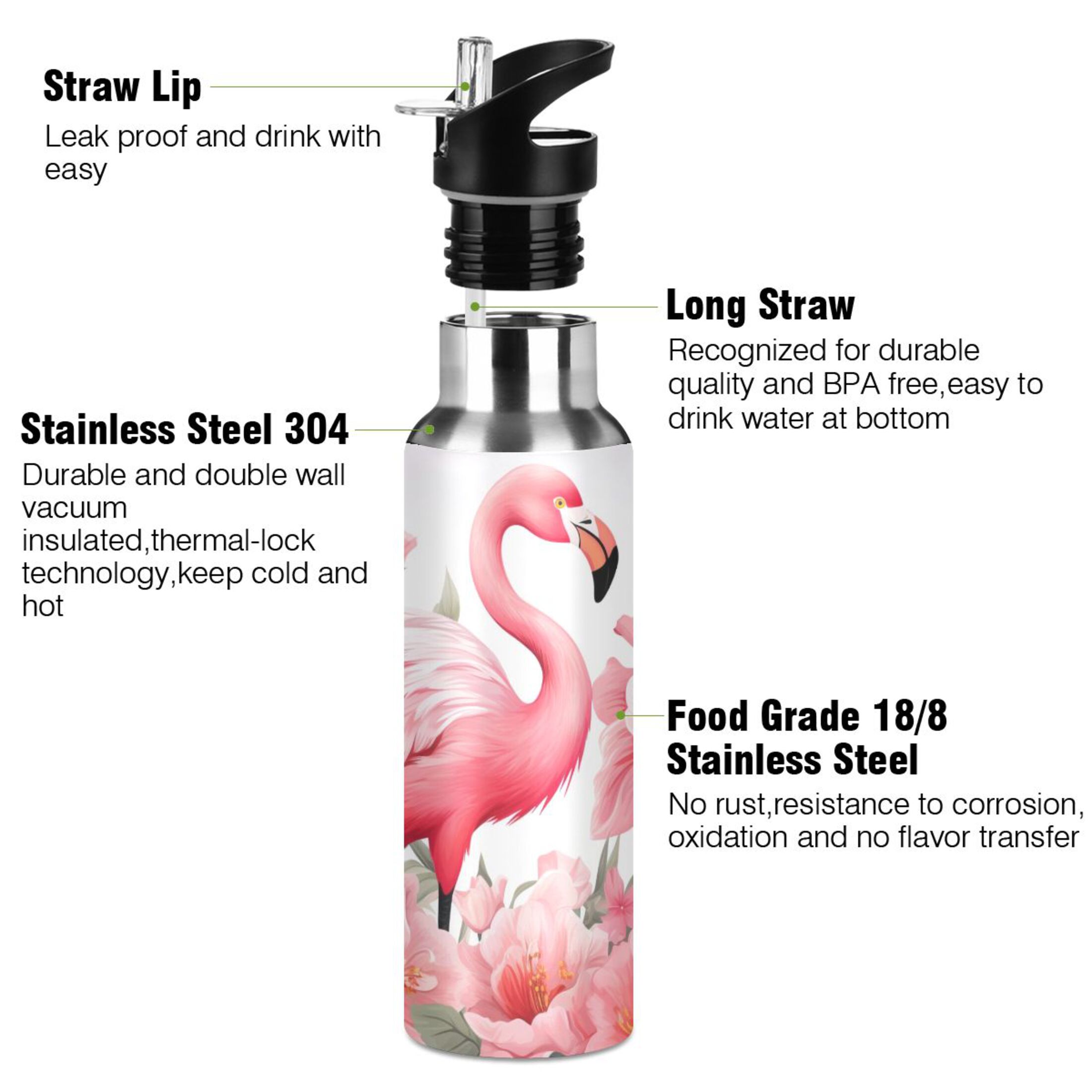 Flamingo Tropical Flowers Water Bottles Insulated Thermos Kids Stainless Steel Bottle with Straw Lid Flask Leakproof for Sports Gym 20 oz