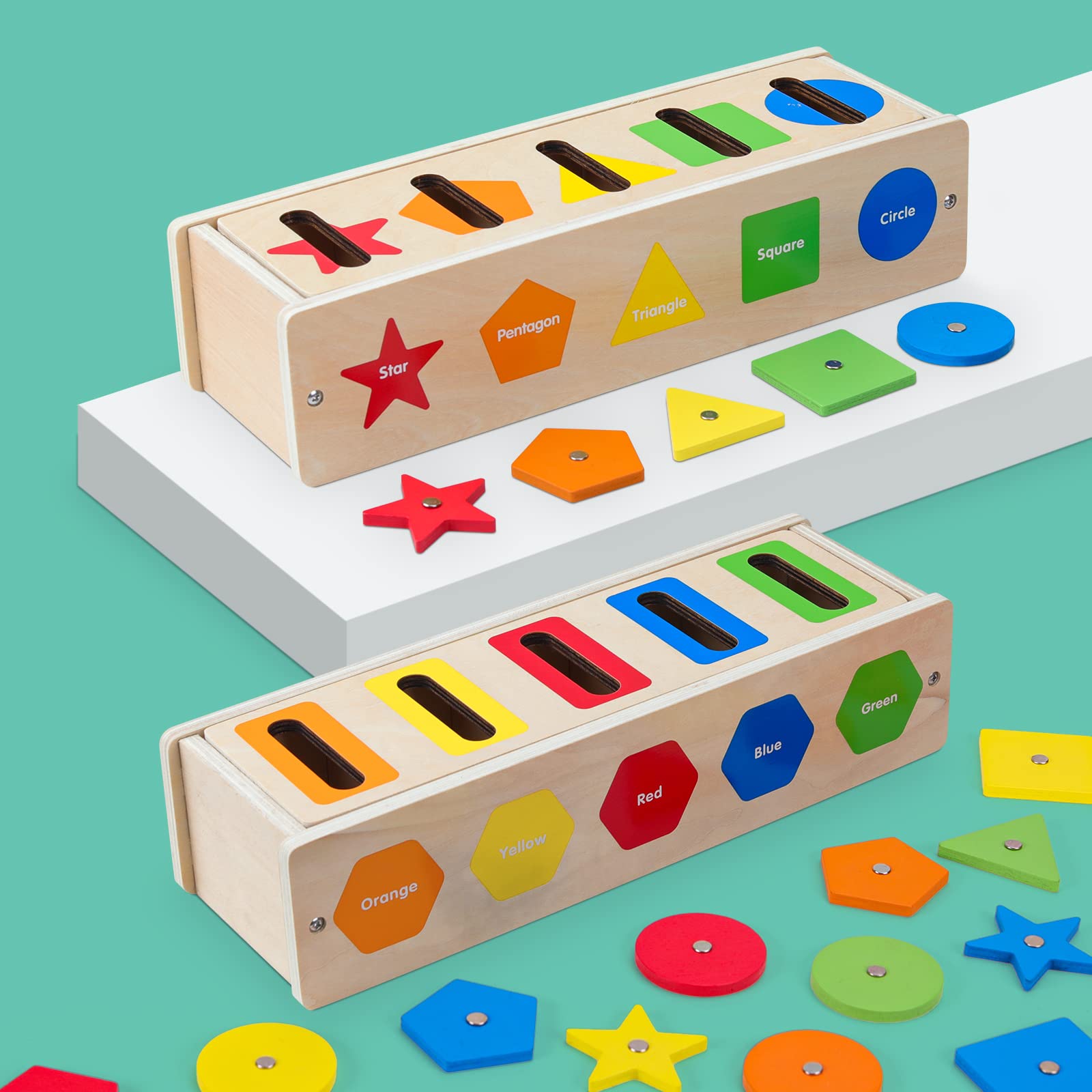 AISHUN Montessori Toys,Wooden Color EC36&nbsp;Shape Stacking Sorting Matching Box with Magnetic Fishing Game, Early Learning Educational Shape Blocks, Gift for Baby Toddlers Boys and Girls