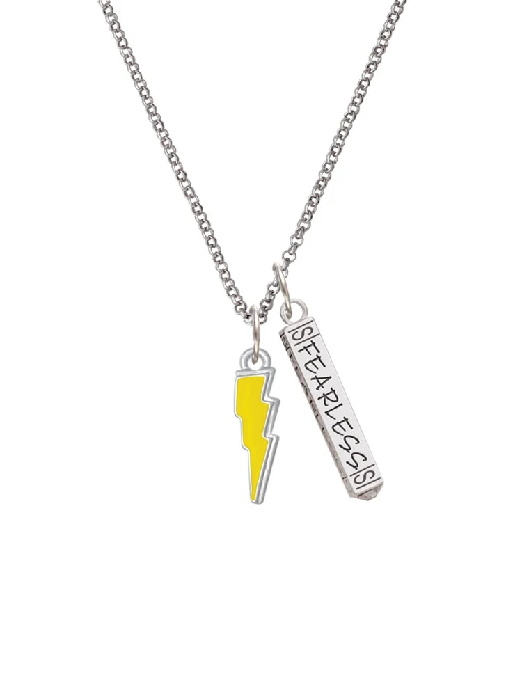 Delight Jewelry Silvertone Yellow Lightning Bolt Silvertone Fearless Bar Charm Necklace, 23