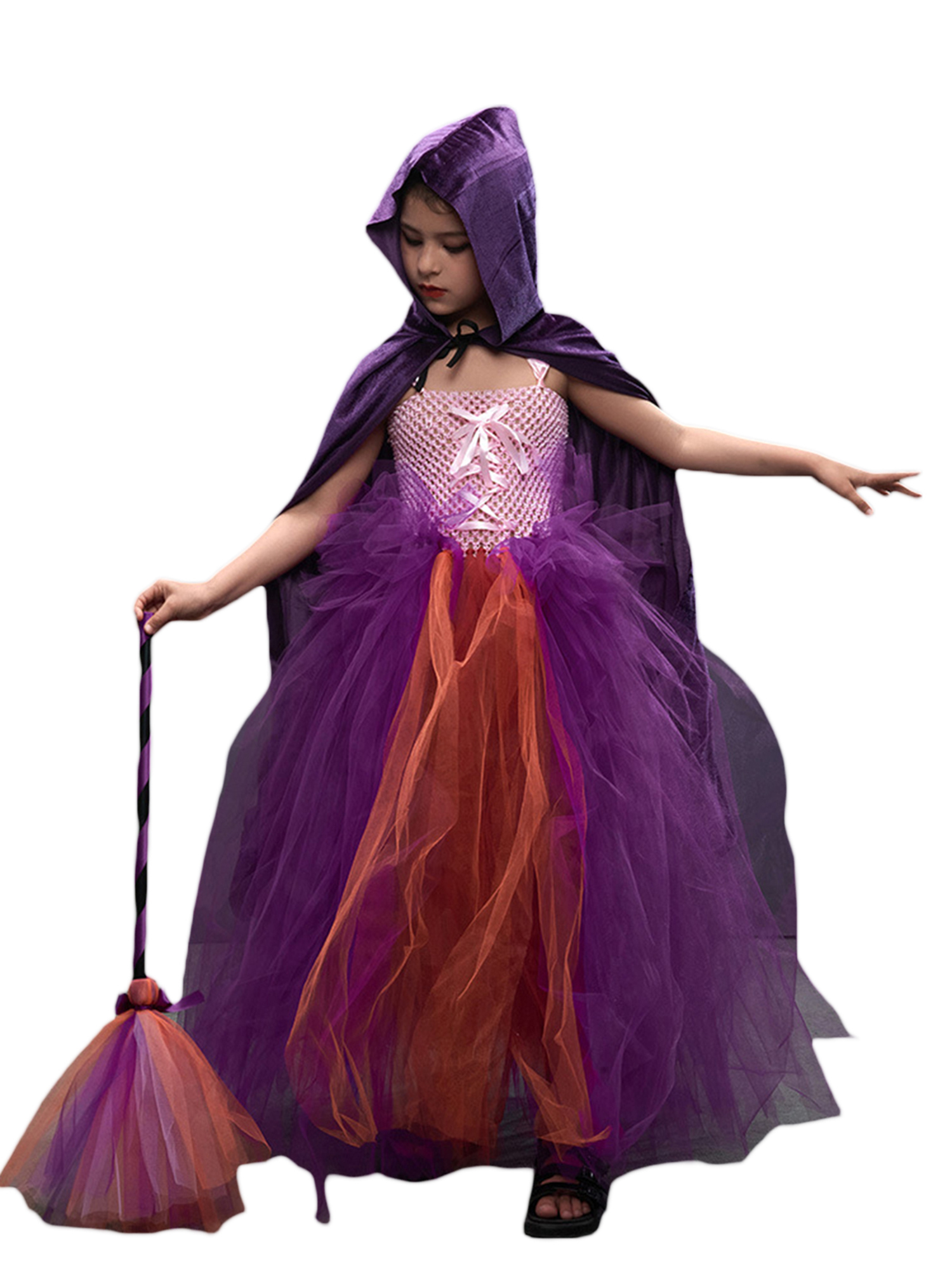 Bmnmsl Halloween Kid Costume Witch Cosplay Mesh Hemline Slip Dress Headwear Cloak Besom