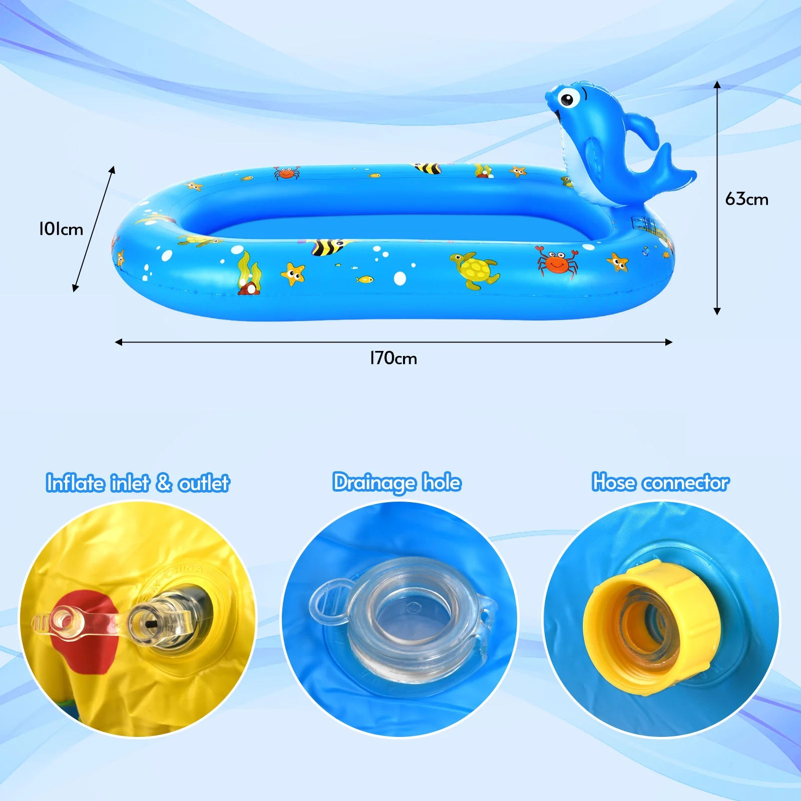 Cute Dolphin Inflatable Sprinkler Pool for 170 * 101cm/ 67 * 40in Large Water Playing Pad Swimming Pool Summer Water Kiddie Pool for Outdoor Backyard Lawn