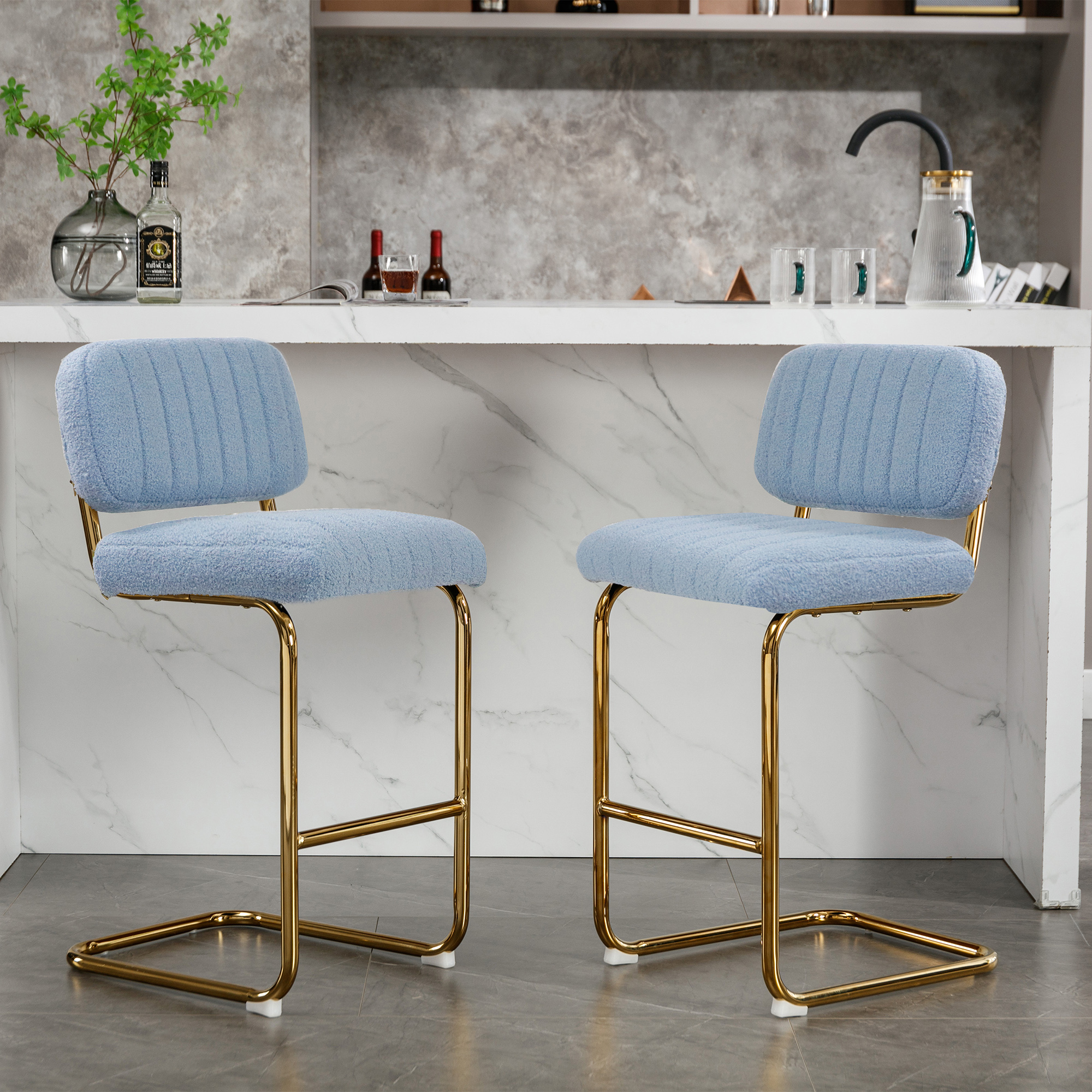 CoSoTower Mid-Century Modern Counter Height Bar Stools for Kitchen Set of 2, Armless Bar Chairs with Gold Metal Chrome Base for Dining Room, Upholstered Boucle Fabric Counter Stools, Blue