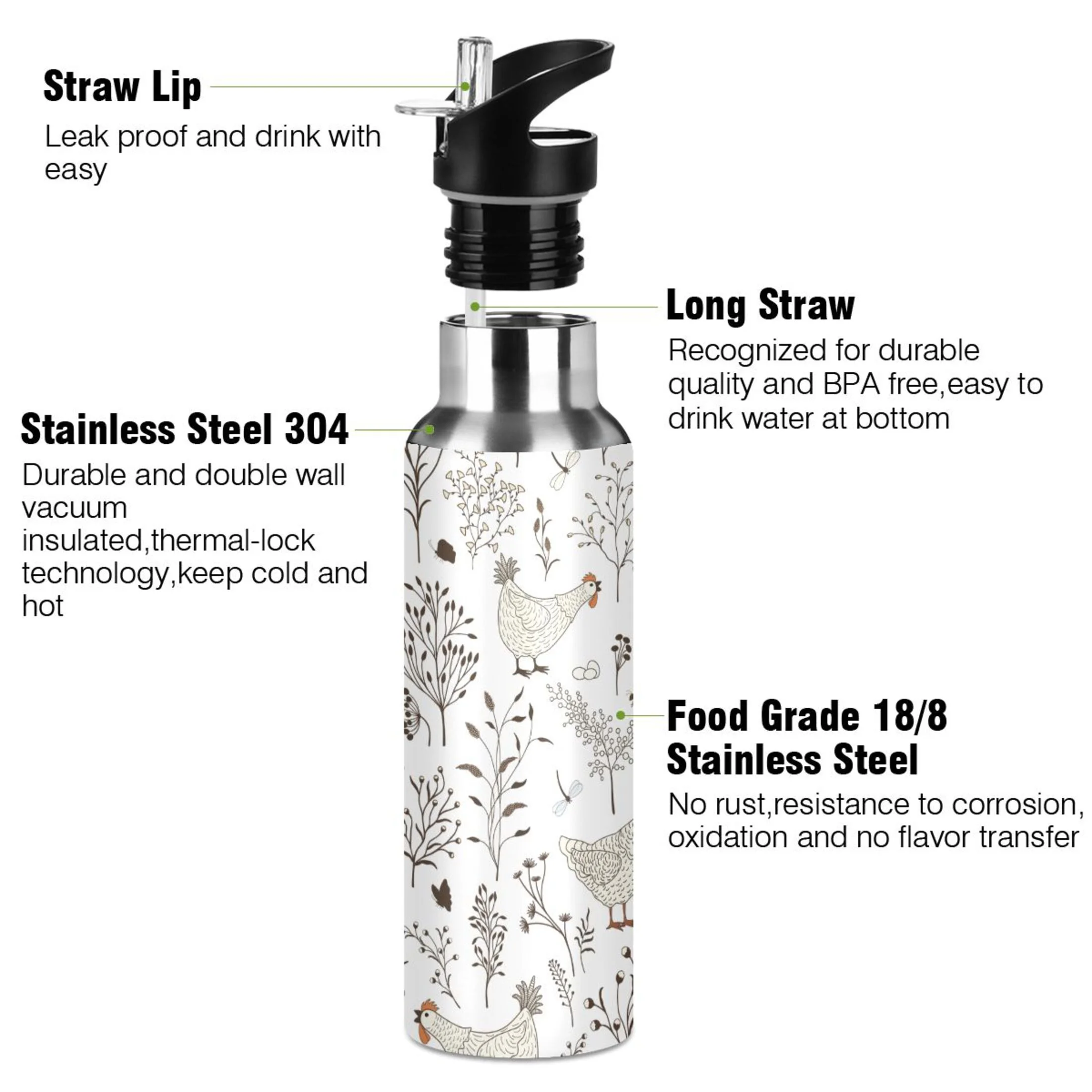 Floral Chicken Leaves Water Bottles Insulated Thermos Kids Stainless Steel Bottle with Straw Lid Flask Leakproof for Sports Gym 20 oz