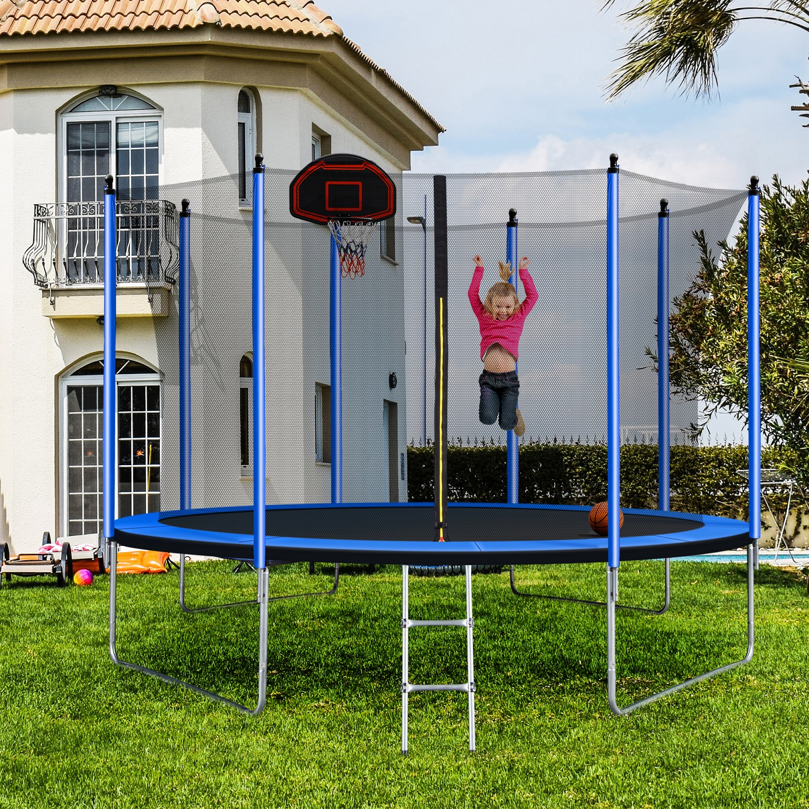 Trampoline 10ft Recreational Trampolines Fitness Trampolines Trampoline with Basketball Hoop and Ladder Outdoor Trampoline Adults & Kids Toddlers