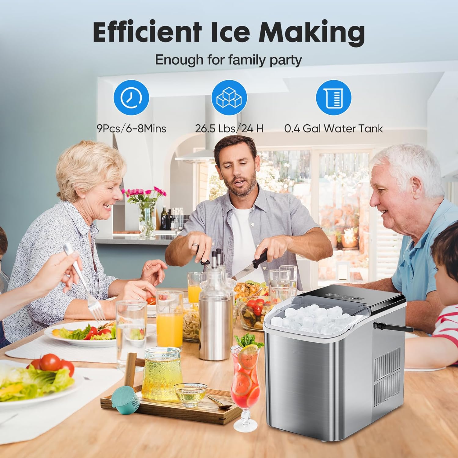 Countertop Ice Maker, Portable Ice Machine Self-Cleaning, 9 Cubes in 6 Mins, 26.5lbs/24Hrs, 2 Sizes of Bullet Ice, with Ice Scoop, Basket and Handle, Ice Cube Maker for Home Kitchen Party