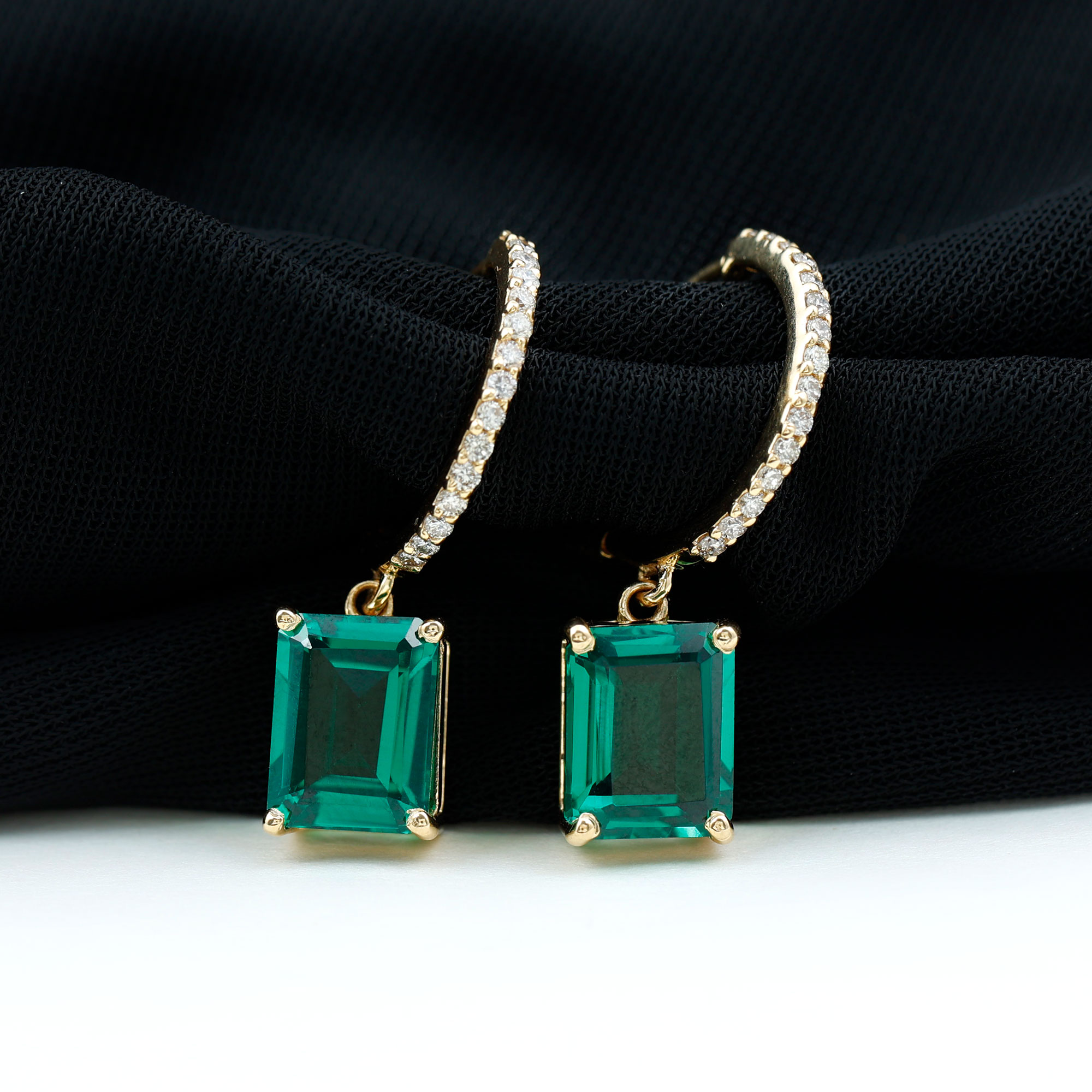 Lab Created Emerald Drop Earrings with Diamond for Women (7X9 mm, AAAA Quality), 14K Yellow Gold
