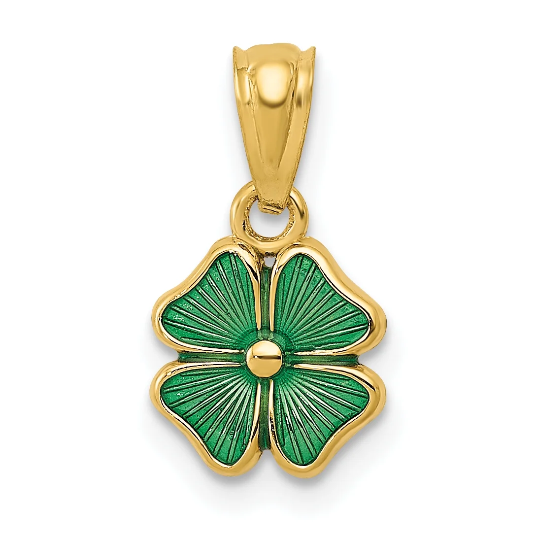 Carat in Karats 14K Yellow Gold Green Enameled Four Leaf Clover Pendant Charm (20mm x 10mm) With 14K Yellow Gold Lightweight Rope Chain Necklace 16''
