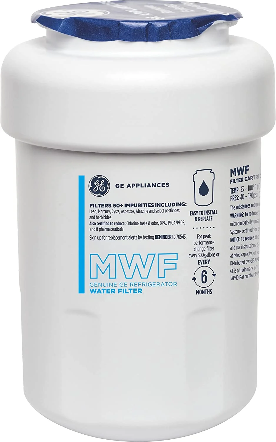 MWF Water Filter for GE Refrigerators, Replacement Water Filter Cartridge for GE MWF, Carbon Block Filtration, Certified to Remove Odor and Particulates, White Pack of 6