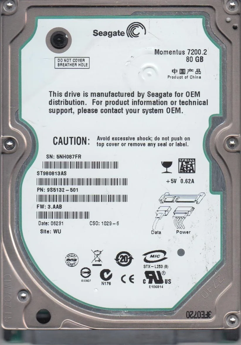 ST980813AS, 5NH, WU, PN 9S5132-501, FW 3.AAB, Seagate 80GB SATA 2.5 Hard Drive