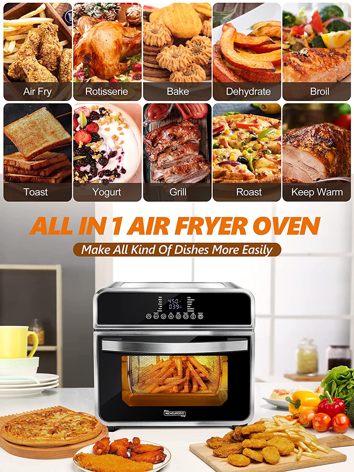 MICHELANGELO 15-In-1 Air Fryer Oven, 16 Quart Air Fryer Toaster Oven , 1600W Faster Cooking Convection Oven Air Fryer With 7 Accessories & Recipe, Toaster Oven Air fryer