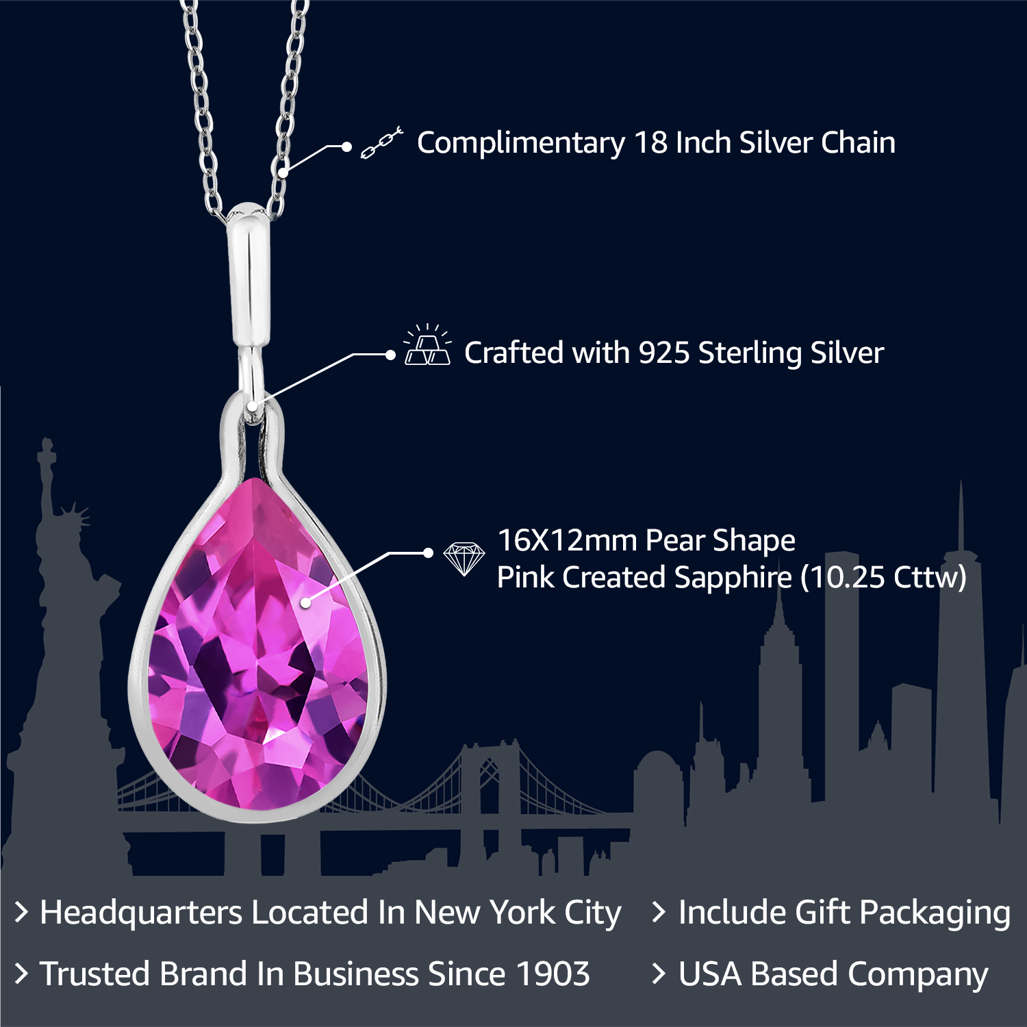 Gem Stone King 925 Sterling Silver Pink Created Sapphire Pendant Necklace For Women (10.25 Cttw, Pear Shape 16X12MM, With 18 inch Silver Chain)