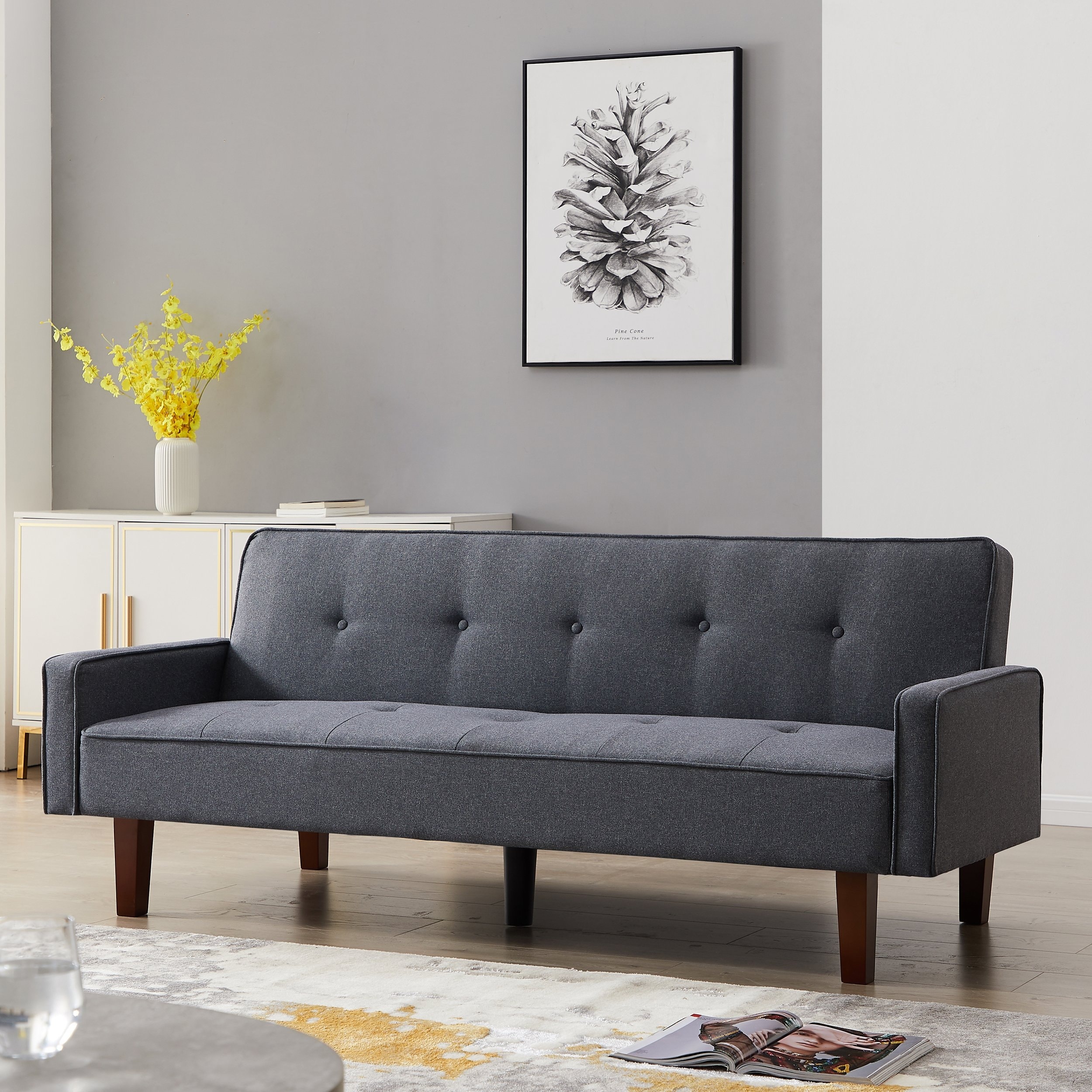 KINWELL 75-inch Modern Square Arm Futon Sleeper Sofa Brown Wood, Foam
