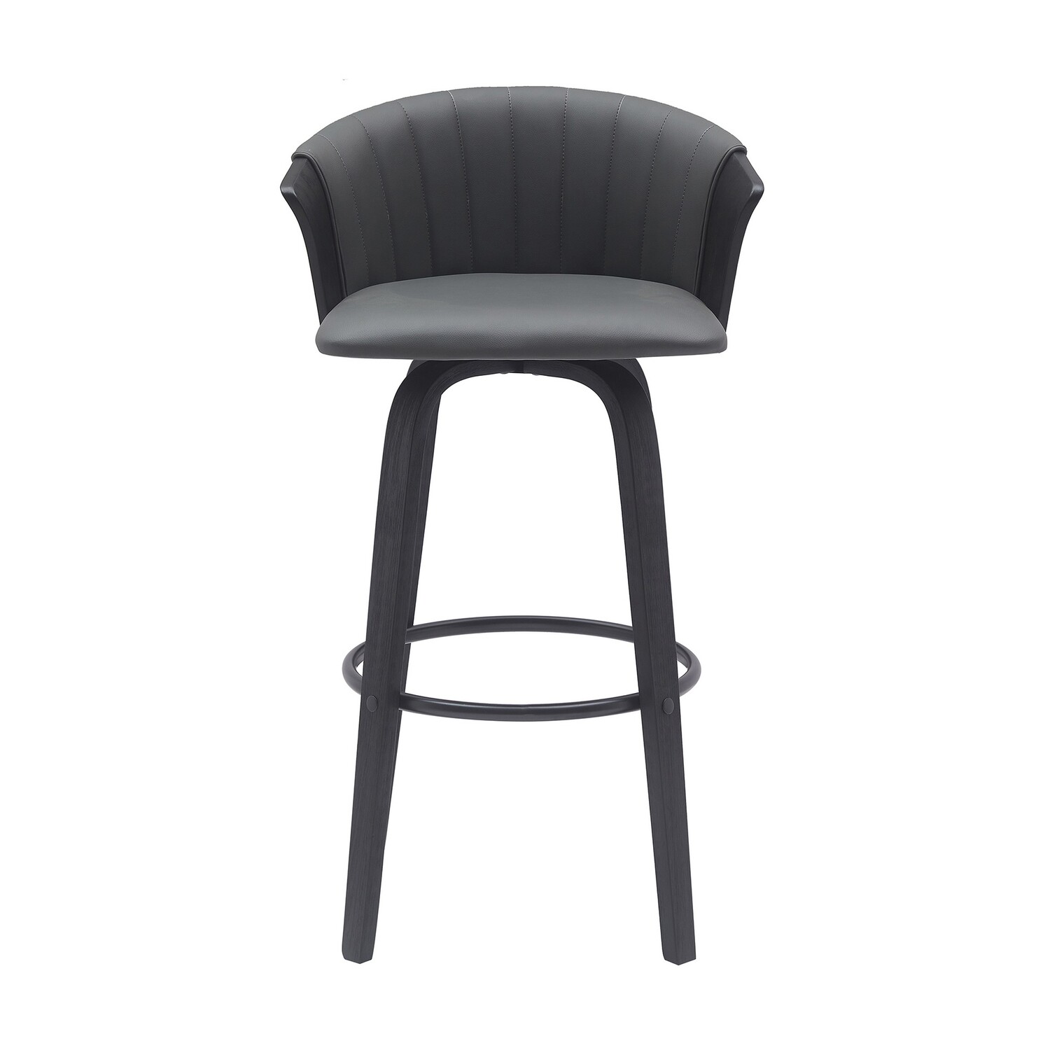 BenJara Oja 30 Inch Swivel Barstool Chair, Faux Leather, Curved Back, Black Wood