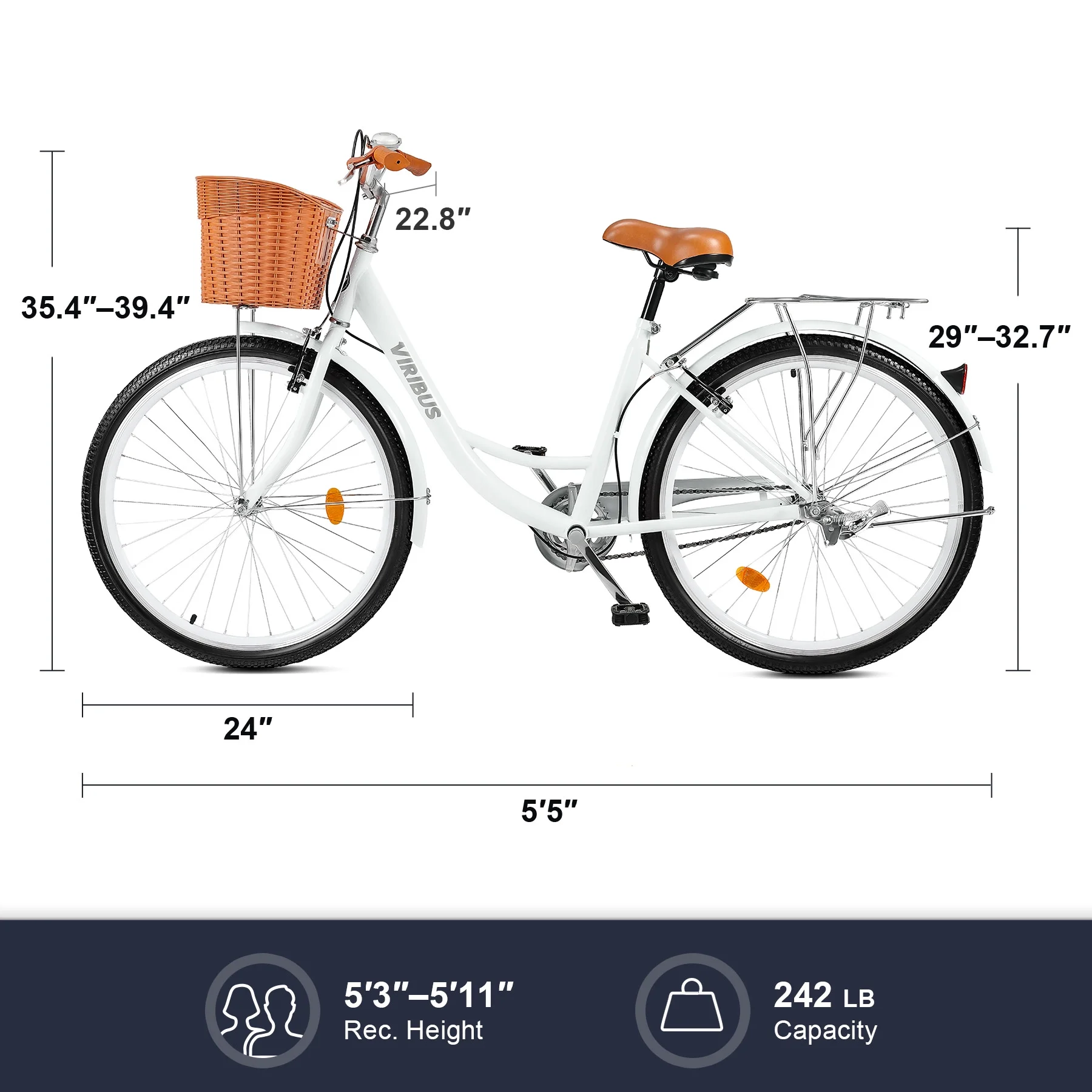 Viribus 24 Inch Women's Comfort Bike with Basket Step Through Bike for Women & Men White