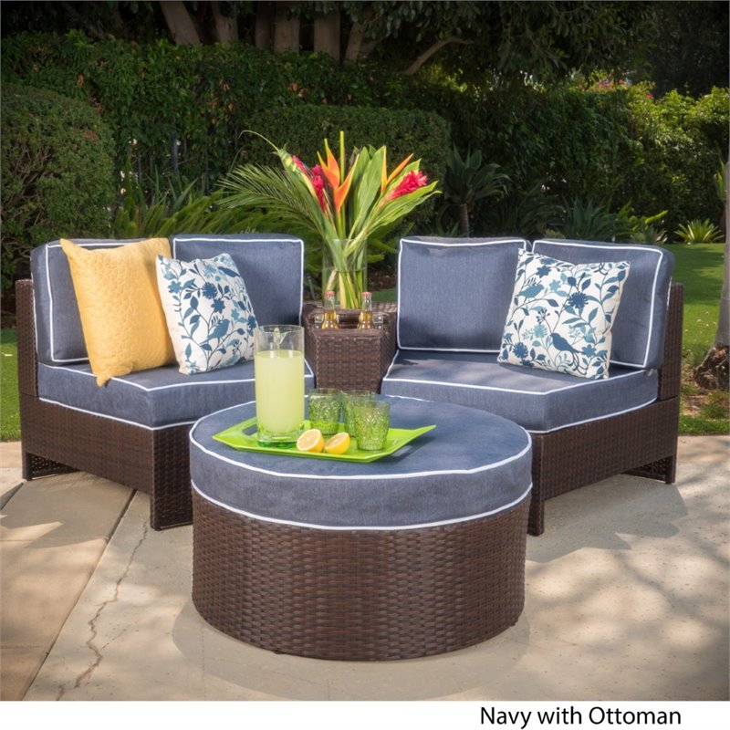 Noble House Madras Ibiza 4 Piece Outdoor Wicker Sectional Sofa Set in Navy Blue