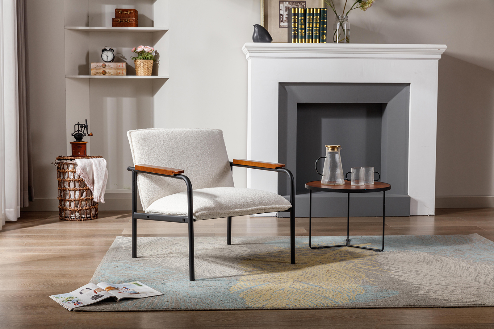 Guyou Modern Sherpa Armchair, Upholstered Living Room Accent Chair with Back and Wooden Armrests, Mid-Century Reading Chair with Metal Legs for Living Room Bedroom Study, White