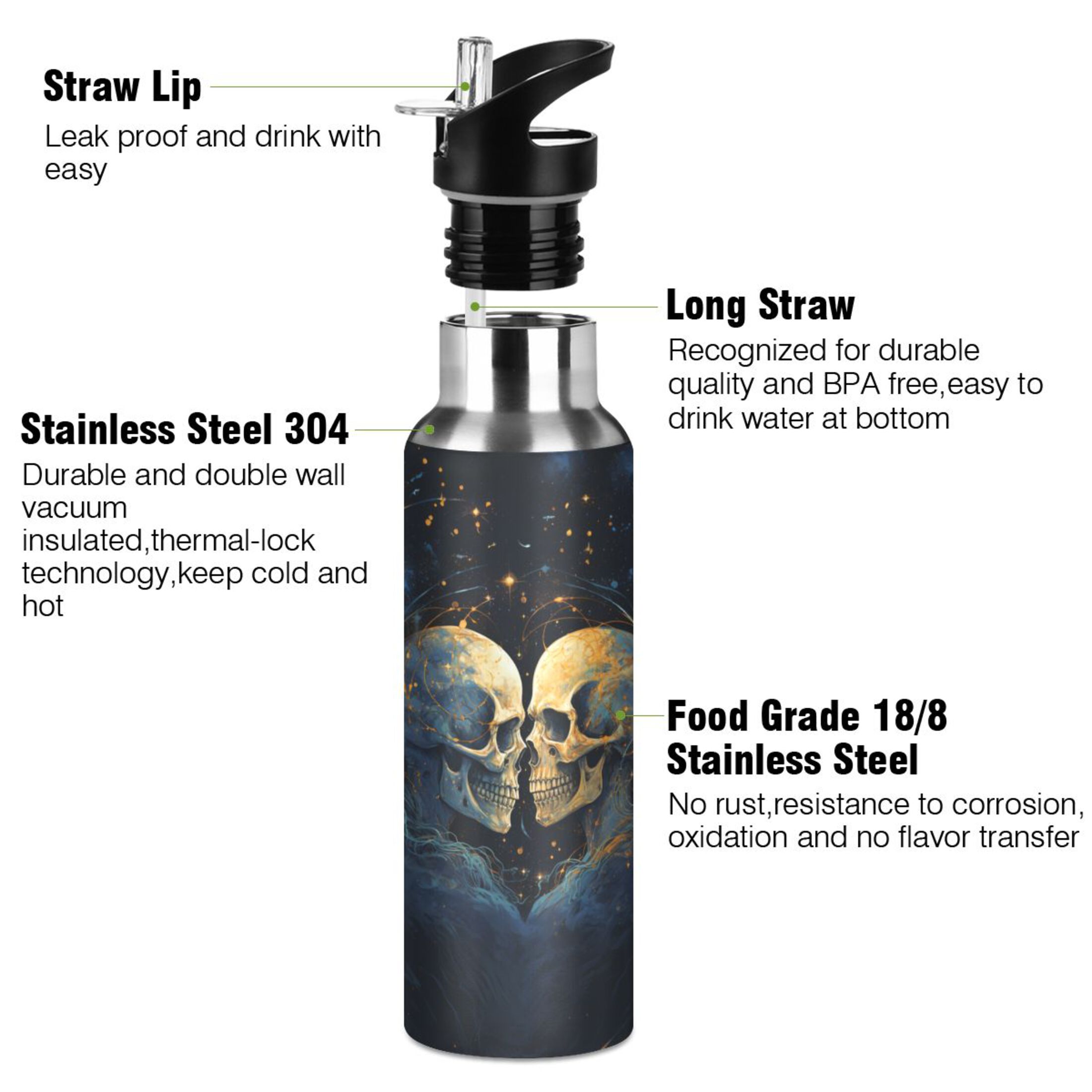 Two Human Skeleton Water Bottles Insulated Thermos Kids Stainless Steel Bottle with Straw Lid Flask Leakproof for Sports Gym 20 oz
