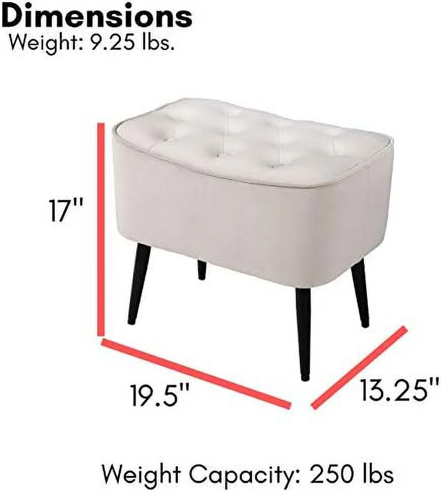 YZboomLife Tufted Curve Tan Ottoman \u2013 Velvet Foot Stool \u2013 Mid Century Modern Steel Legs - Soft Compact Padded Stool - Living Room or Bedroom \u2013 Vanity Chair \u2013 Extra Sea