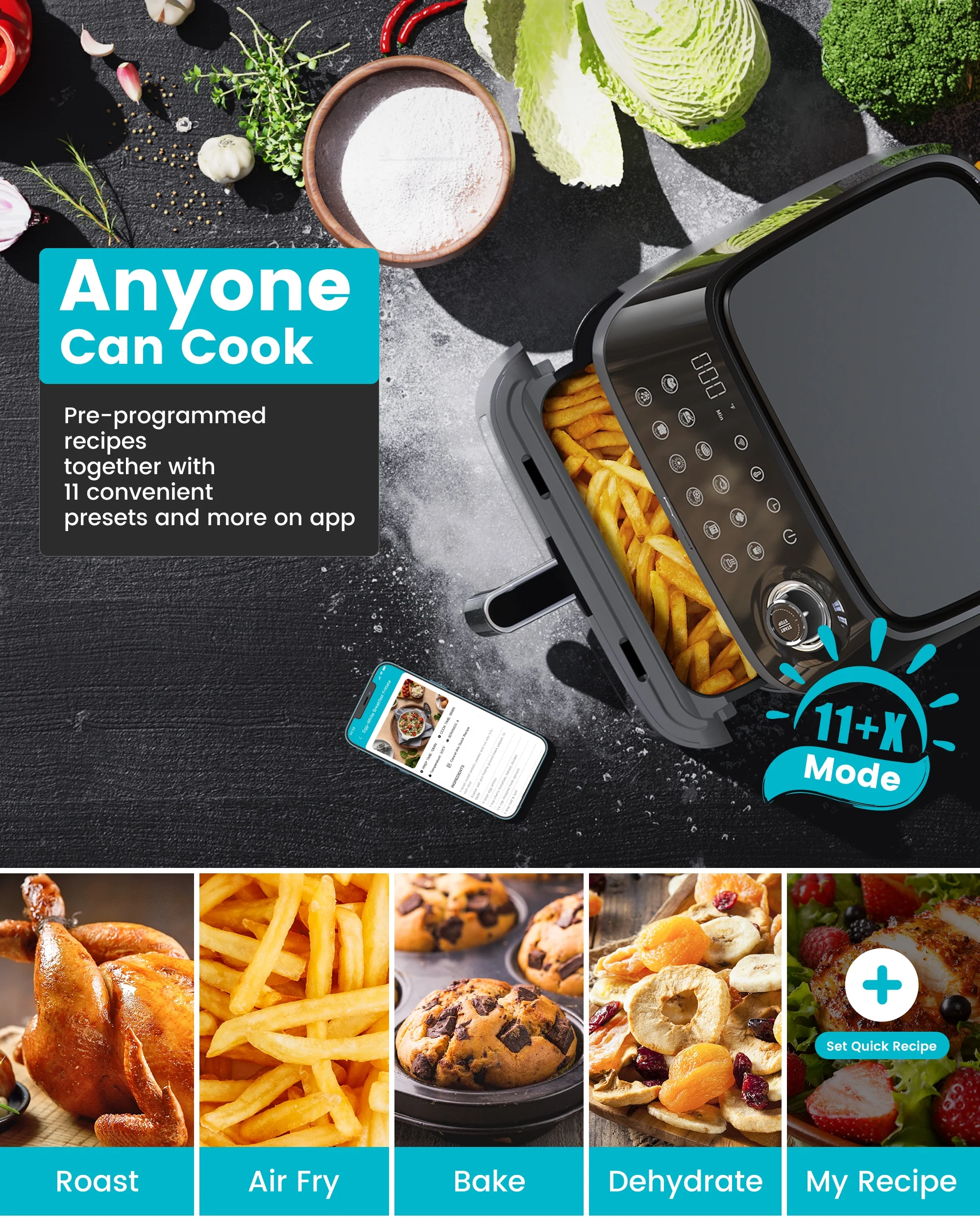 ecozy Air Fryer 6 Quart with See-Through Window Smart Wifi (100 Recipes) Dishwasher Safe, Black