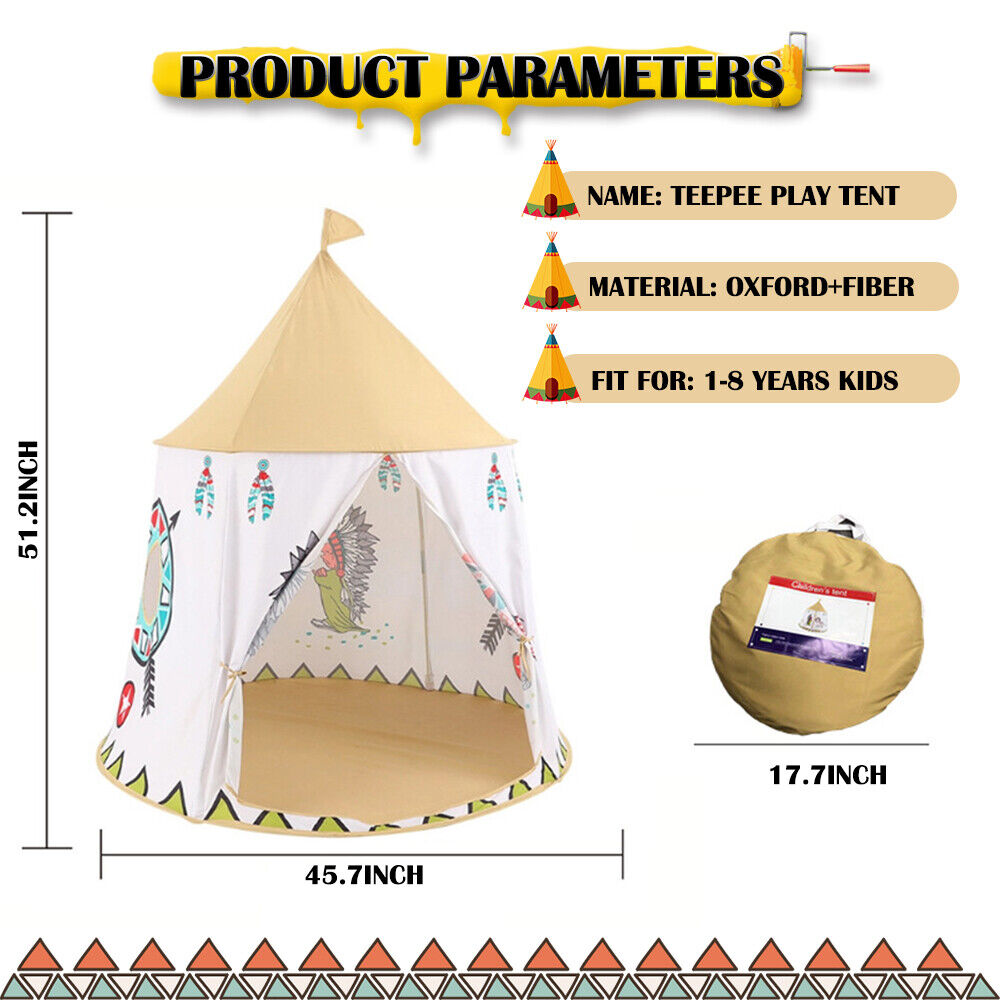 Indian Teepee Kids Playhouse, AYAMAYA Castle Tent for Boys Girls Durable Sturdy Play Tents for Imaginative Games Large Indoor & Outdoor with Carrying Bag