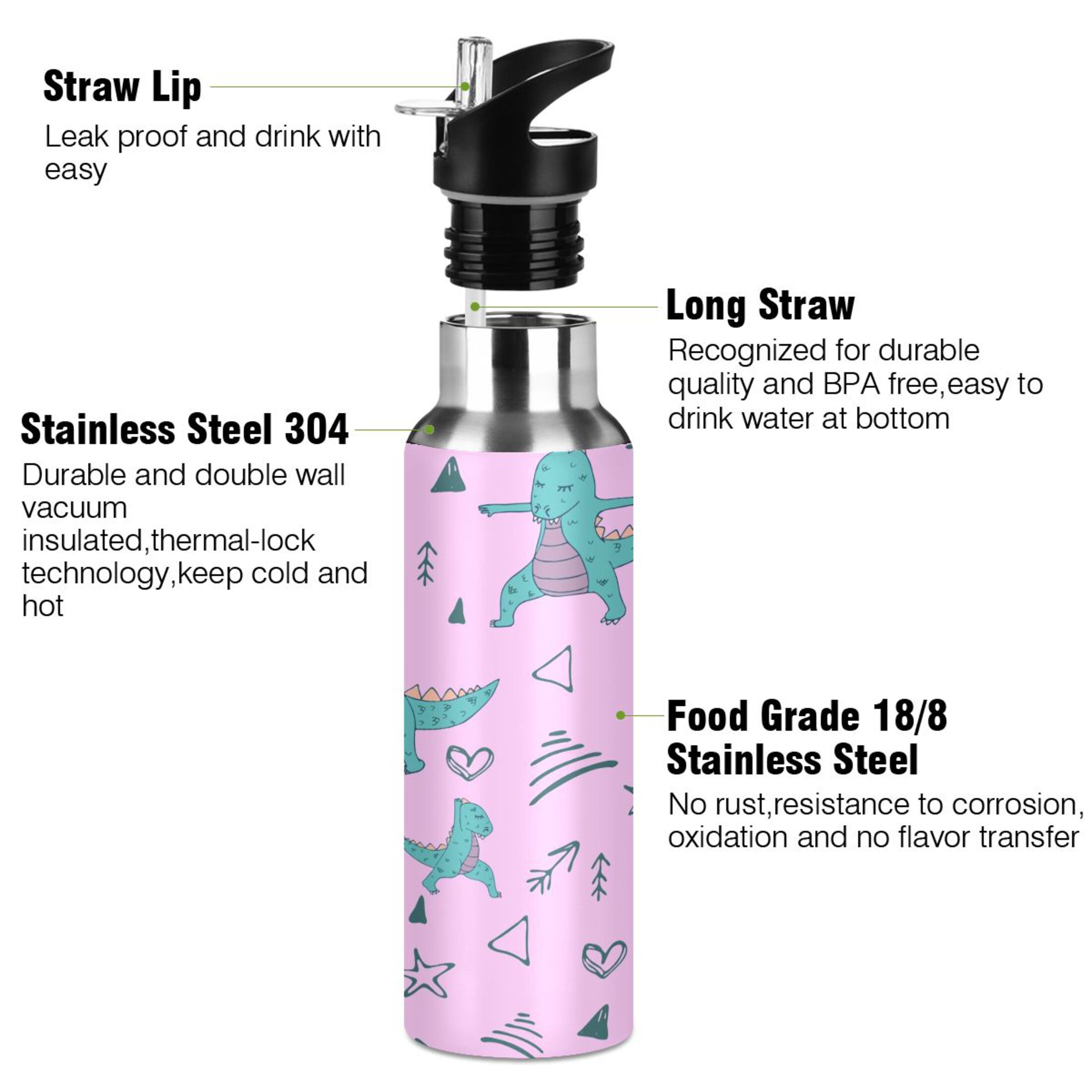 Stainless Steel Water Bottle Dinosaur in Yoga with Straw Lid Vacuum Insulated Keeps Hot and Cold Leak Proof Flask Jug for Gym Travel Sports Cycling Outdoor 20 OZ