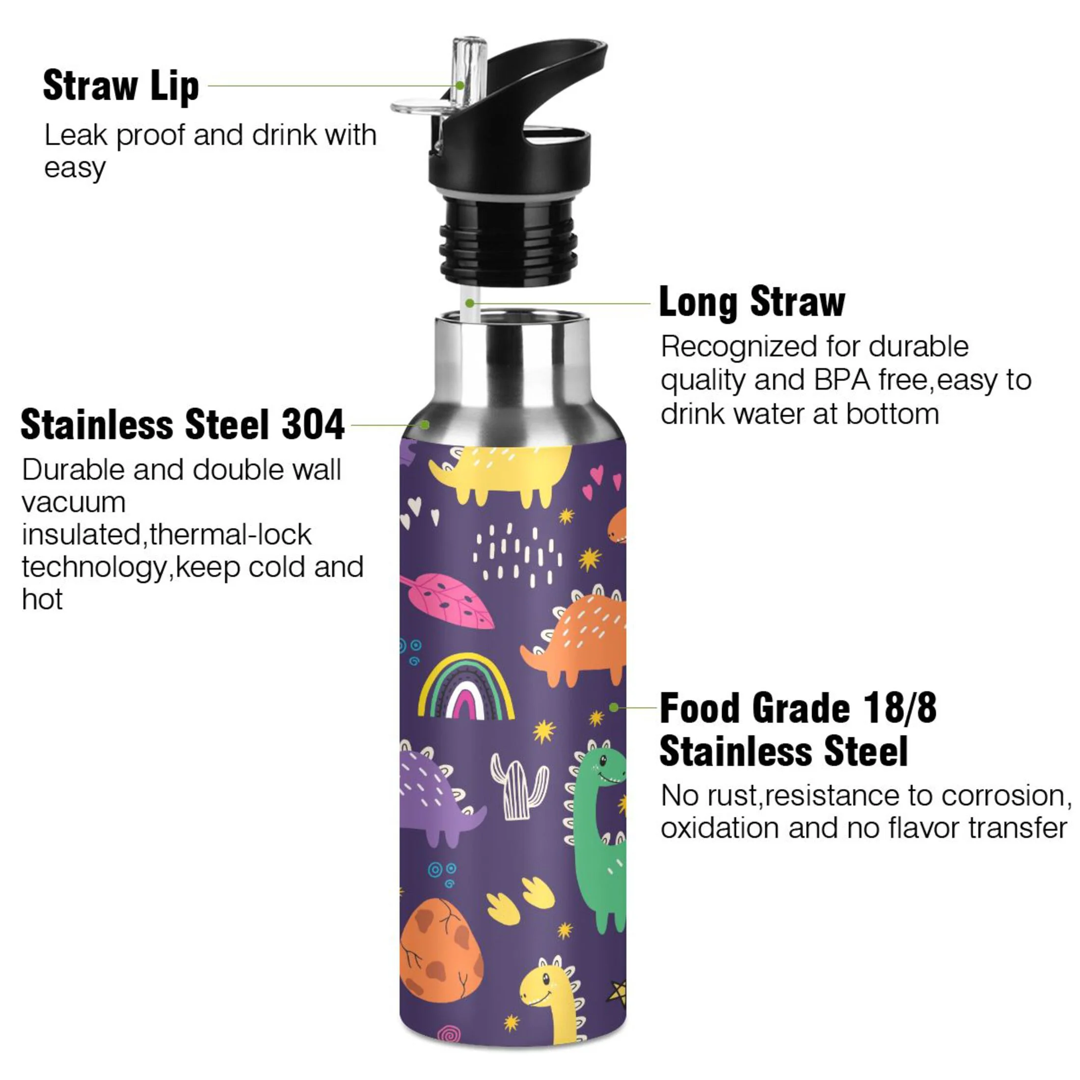 Water Bottle with Straw Lid Leak Dinosaurs Cactus Flowers Rainbows Stars Stainless Steel Insulated Thermos Vacuum Flask for Cold Hot Drinking for Sports Camping Gym Yoga