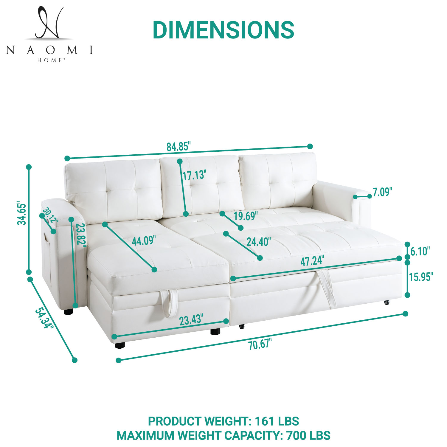 Naomi Home Lily Reversible Sleeper Sectional with Storage and USB Ports-Color:White,Fabric:Air Leather