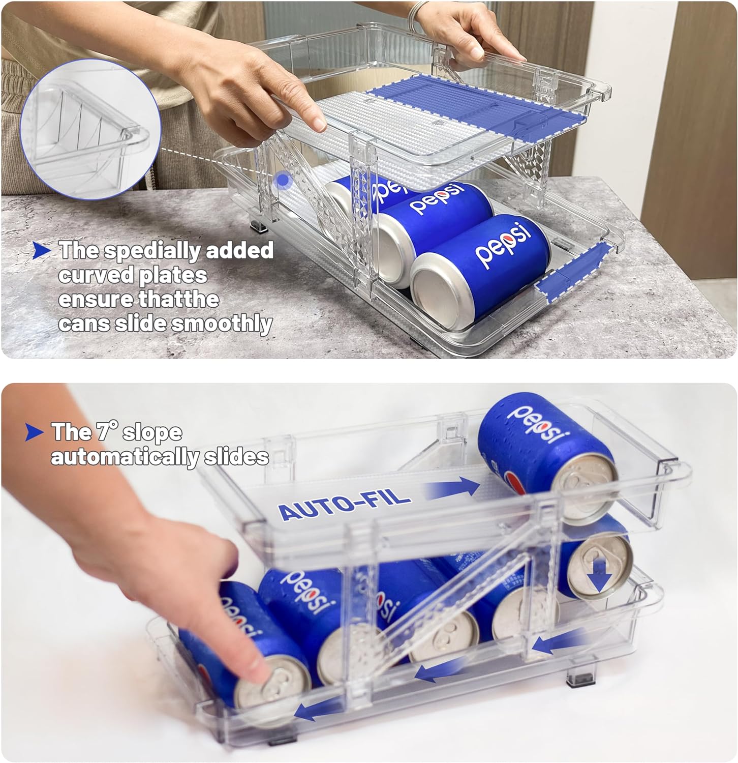 UU&T 2 Pcs Adjustable Beverage Soda Can Organizer for Refrigerator, Plastic Fridge Can Dispenser for Pantry Kitchen Cabinets, BPA Free, Clear