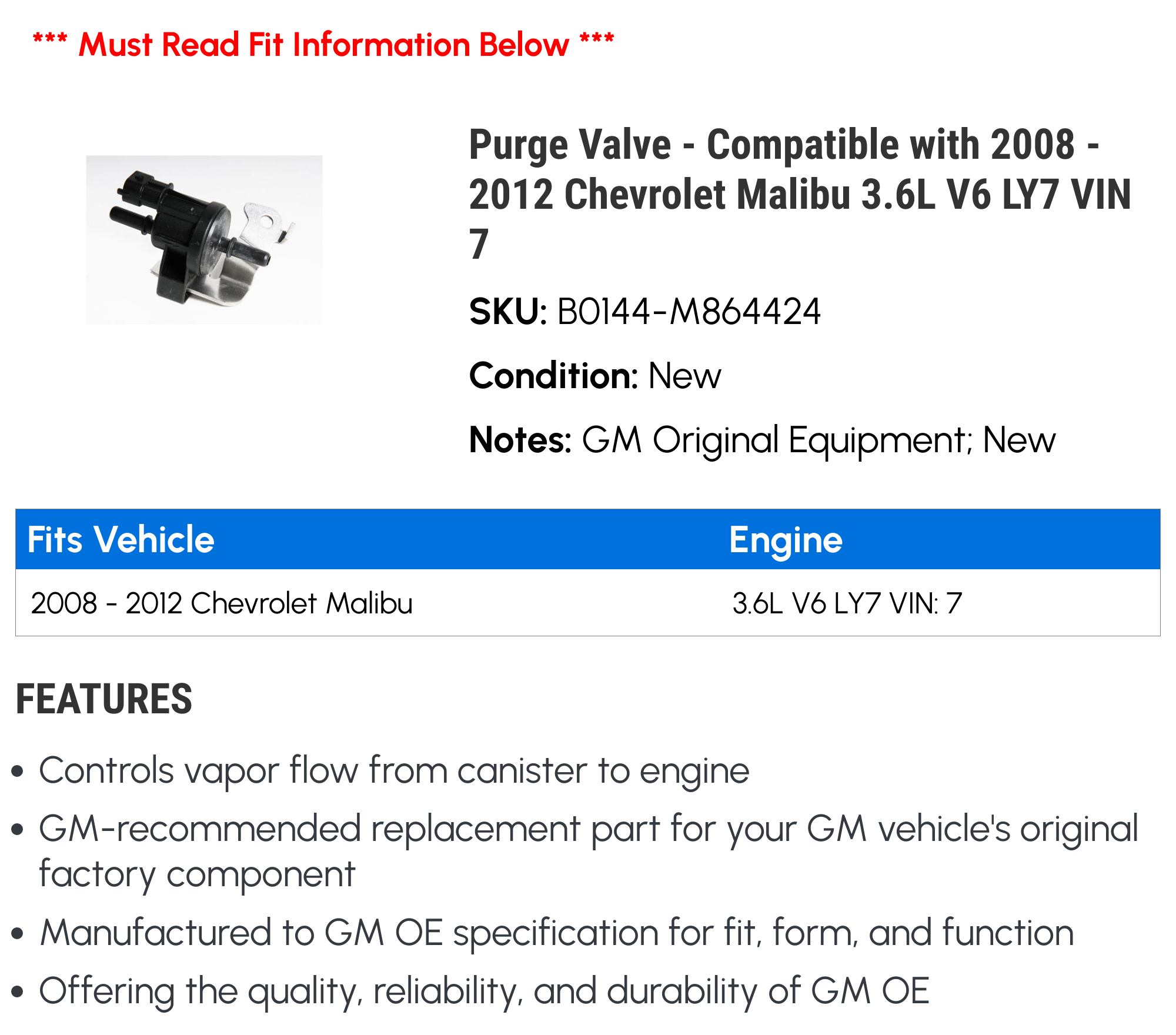 Purge Valve - Compatible with 2008 - 2012 Chevy Malibu 3.6L V6 LY7 VIN 7 2009 2010 2011