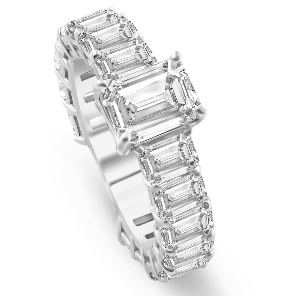 Pompeii3 VS 7 1/2Ct Emerald Cut Diamond Engagement Ring 3/4 Eternity 14k Gold Lab Grown