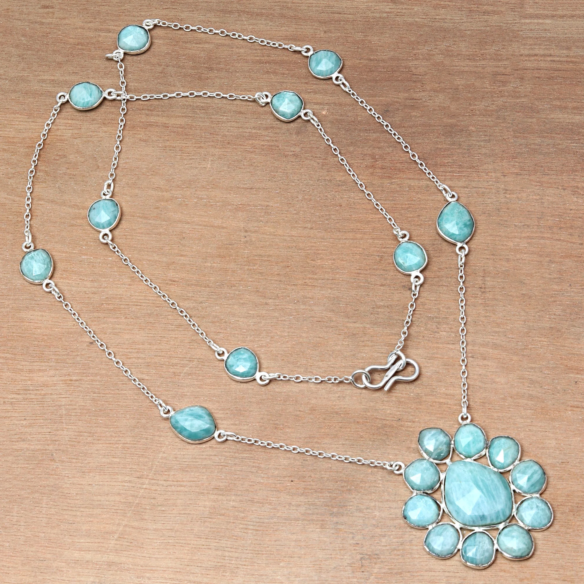 Necklace Amazonite Feceted Gemstone Handmade Antique 925 Silver Jewelry 26''