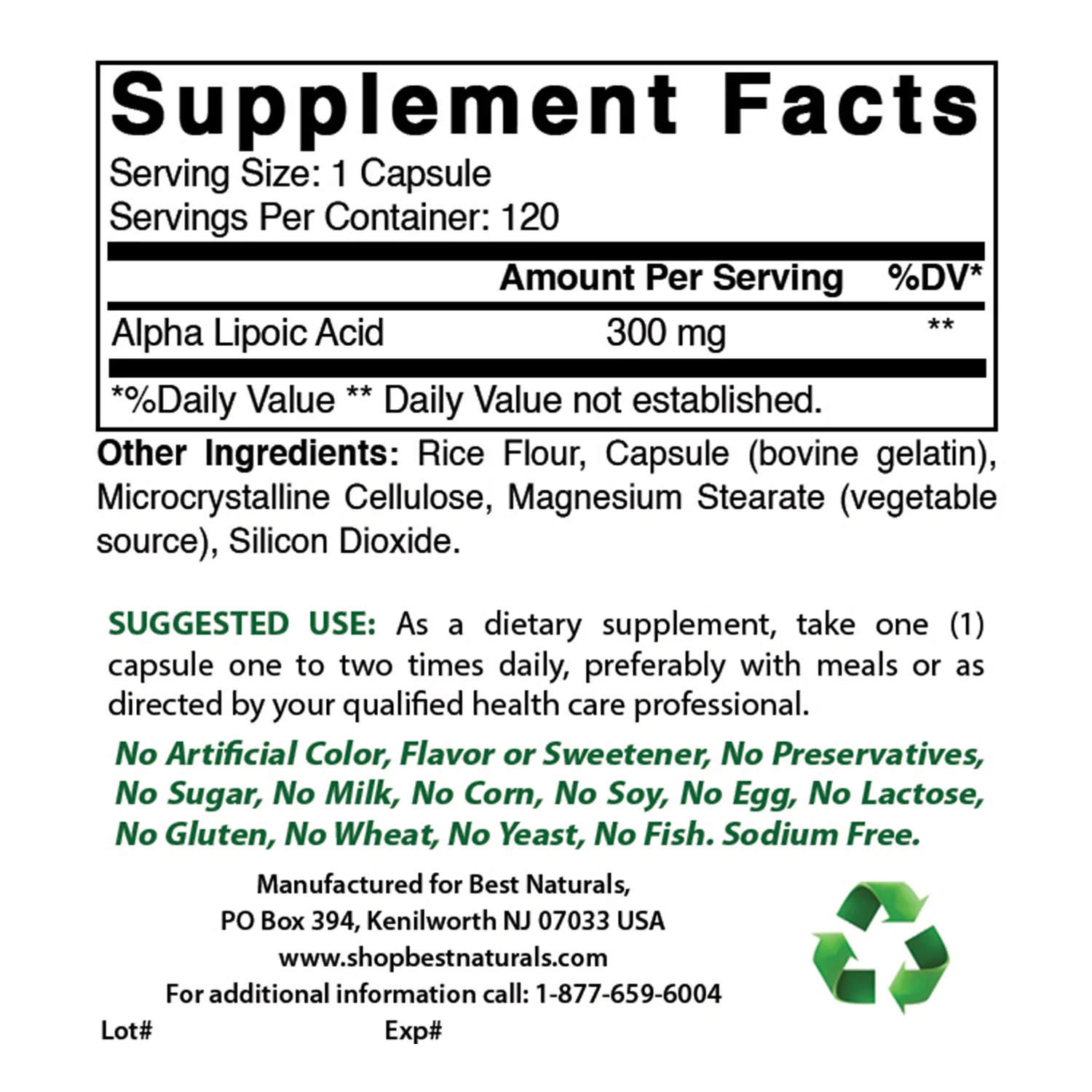 3 Pack Best Naturals Alpha Lipoic Acid 300 mg 120 Capsules