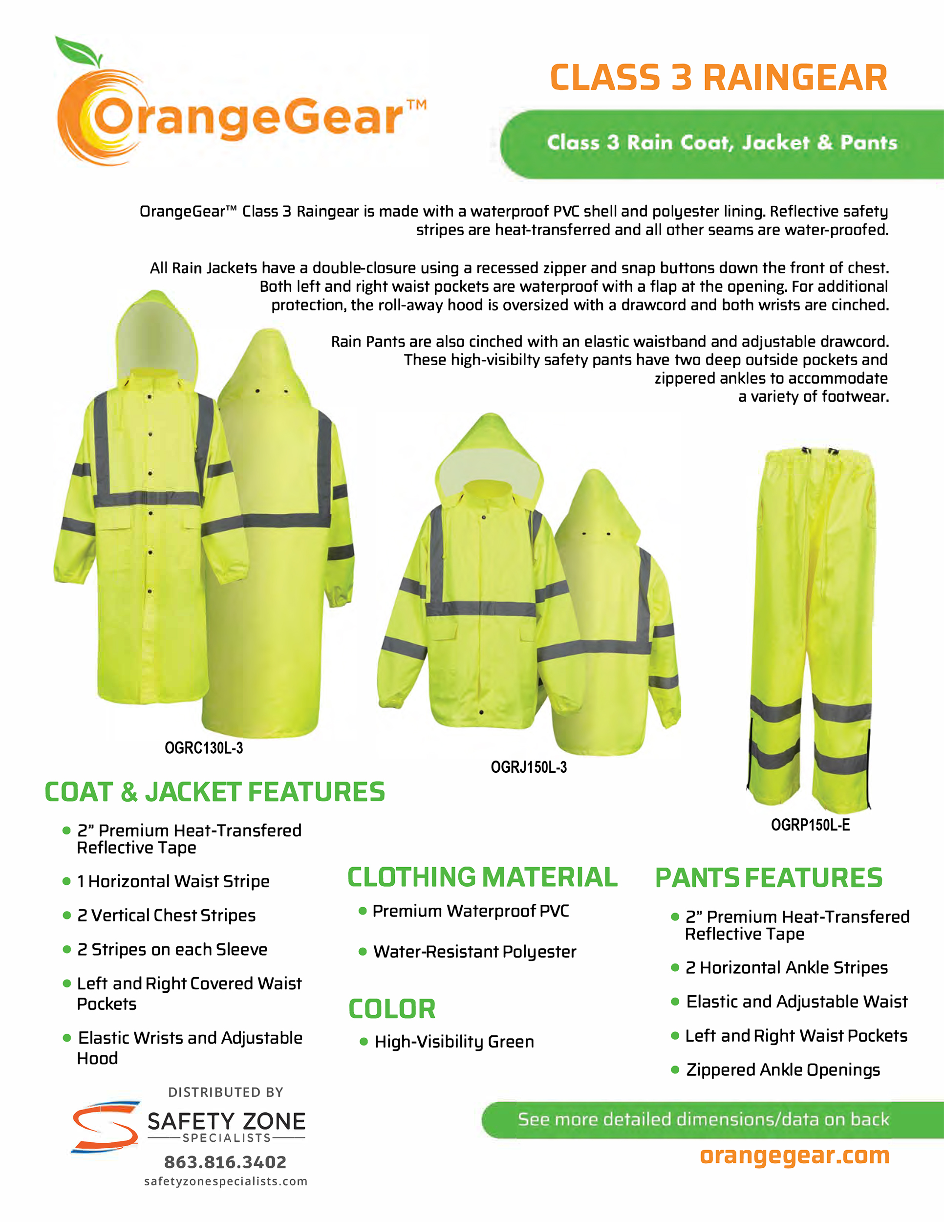 OrangeGear™ Hooded Class 3 Men’s Large Long Sleeve PVC Lime Waterproof Rain Coat