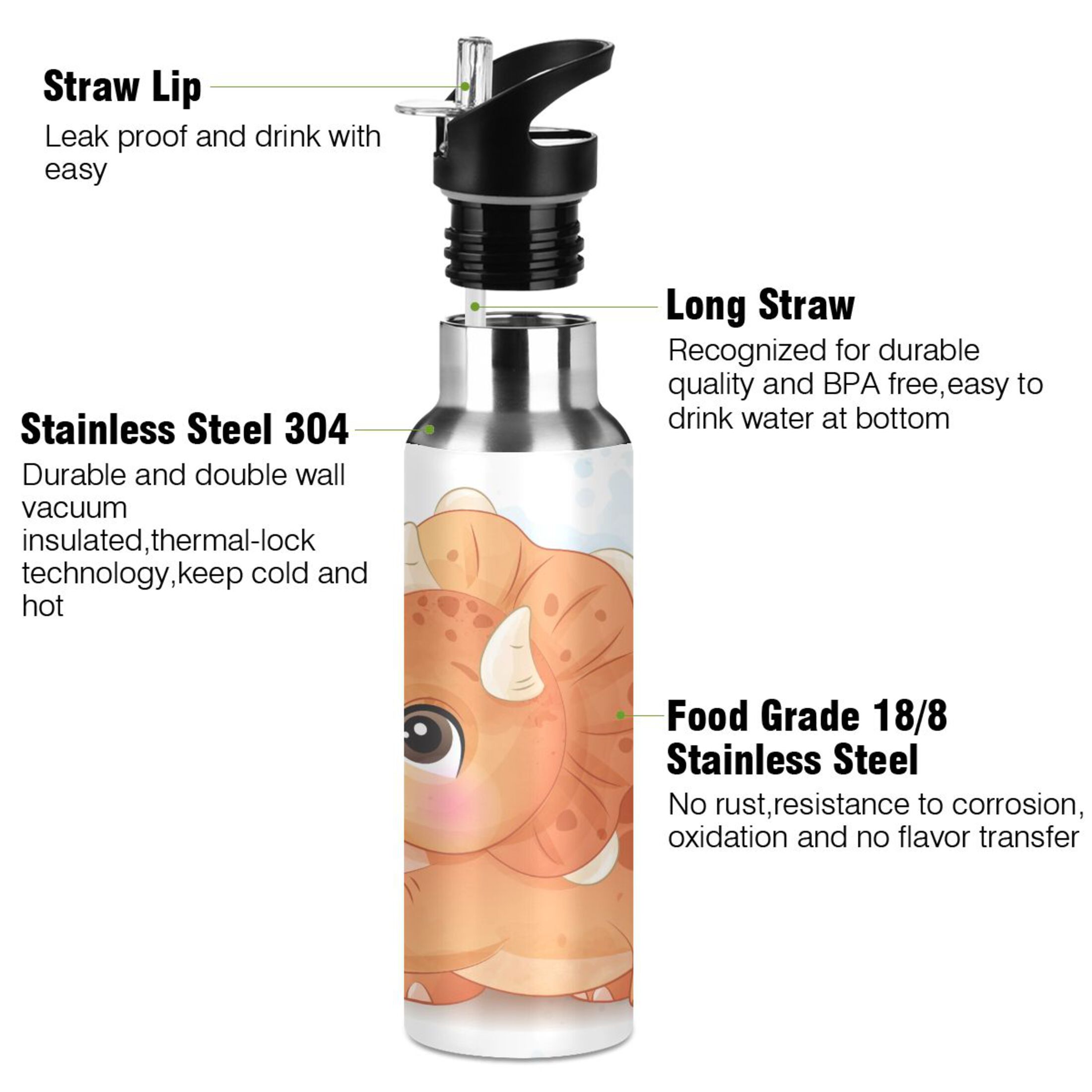 Water Bottle with Straw Lid Leak Dinosaur Playing with Butterfly Stainless Steel Insulated Thermos Vacuum Flask for Cold Hot Drinking for Sports Camping Gym Yoga