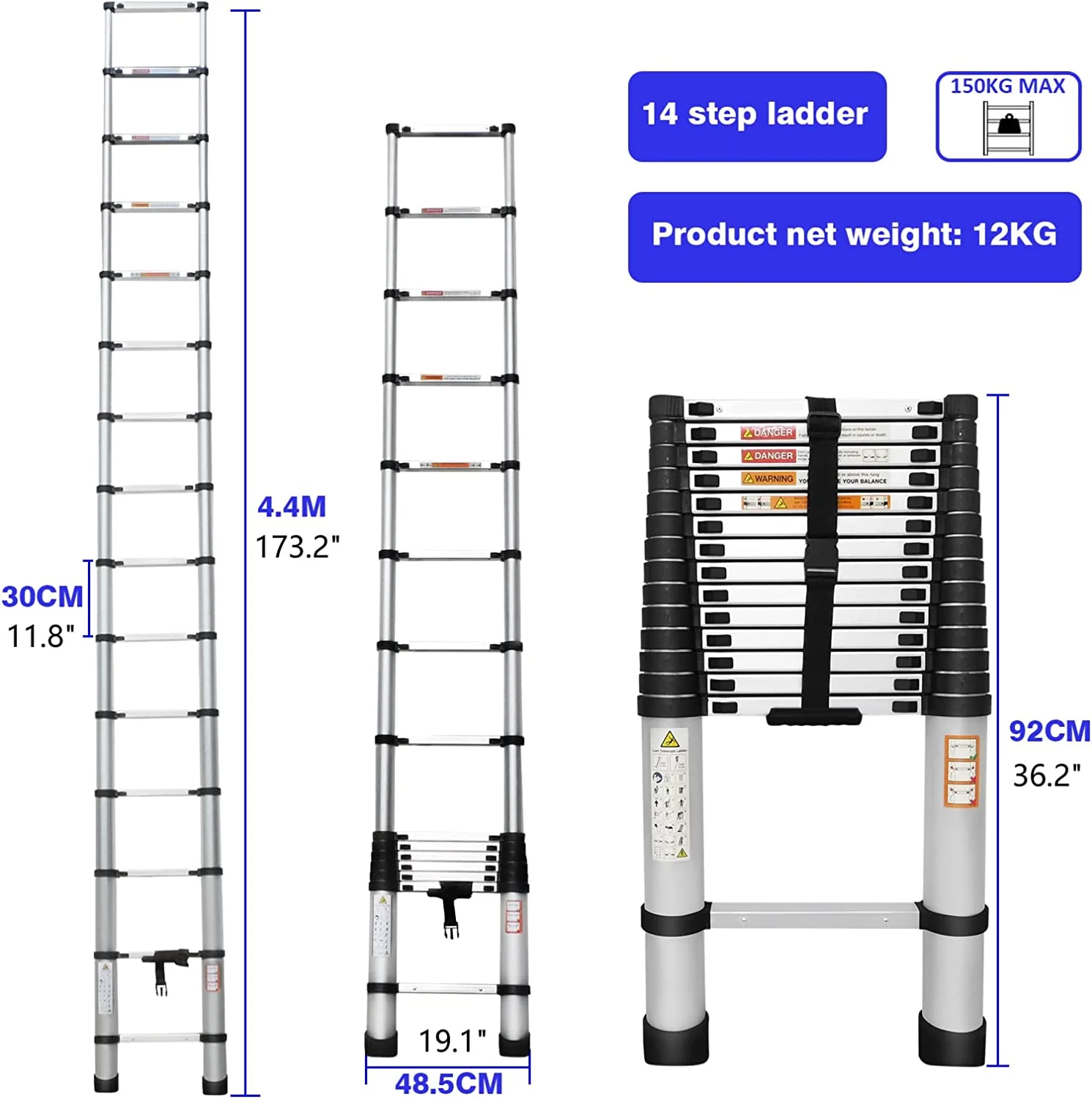 Telescoping Ladder, 14.4 FT Aluminum Lightweight Extension Ladder, Telescopic Ladders for Outdoor Indoor Use, Multi-Purpose Ladder for Household Daily or Hobbies, Heavy Duty 330 Pound