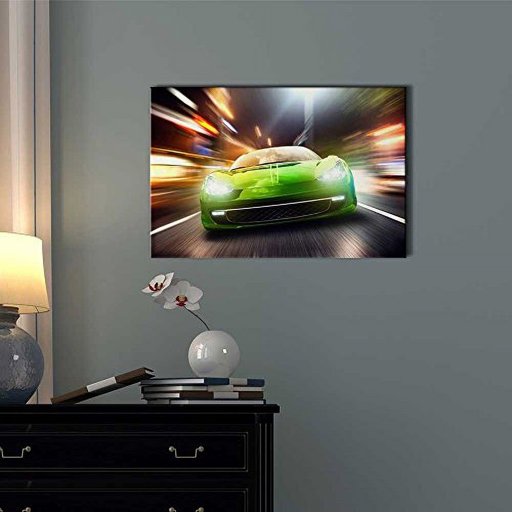 Canvas Prints Wall Art - Night Race/Green Racing Car | Modern Wall Decor/Home Art Stretched Gallery Wraps Giclee Print & Wood Framed. Ready to Hang - 12" x 18"